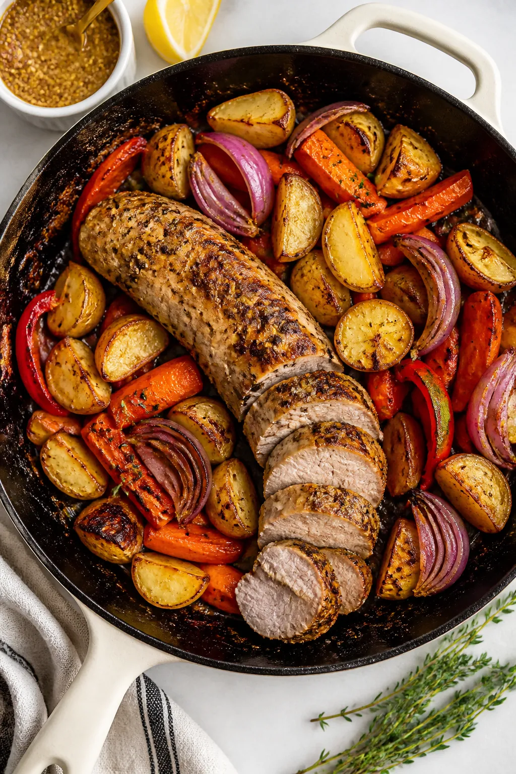 Cooking process: Overhead shot of an oven-safe skillet just pulled from the oven—seared pork tende