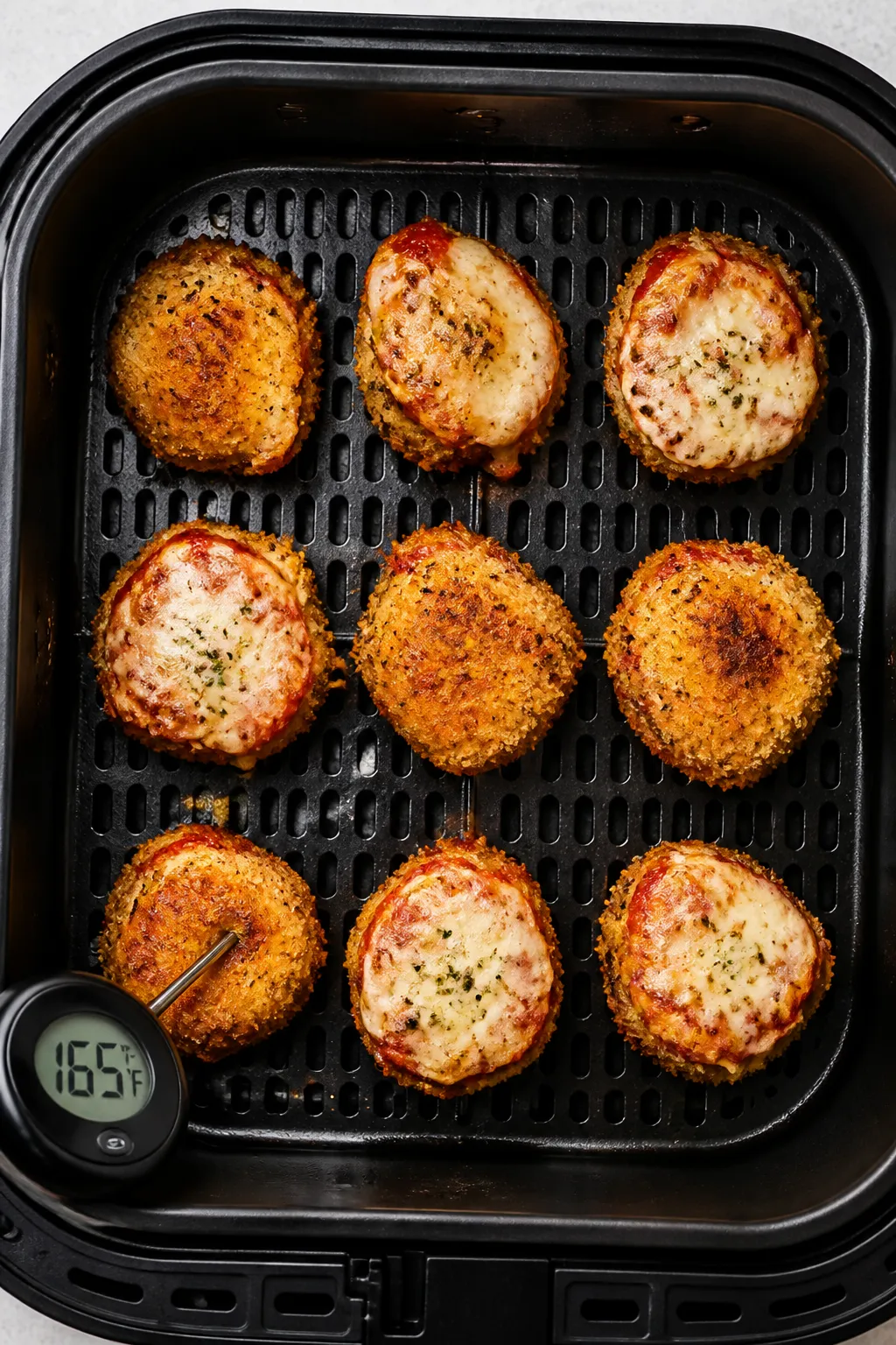 Cooking process: Overhead shot of evenly spaced chicken Parmesan bites mid-cook in an air fryer bask