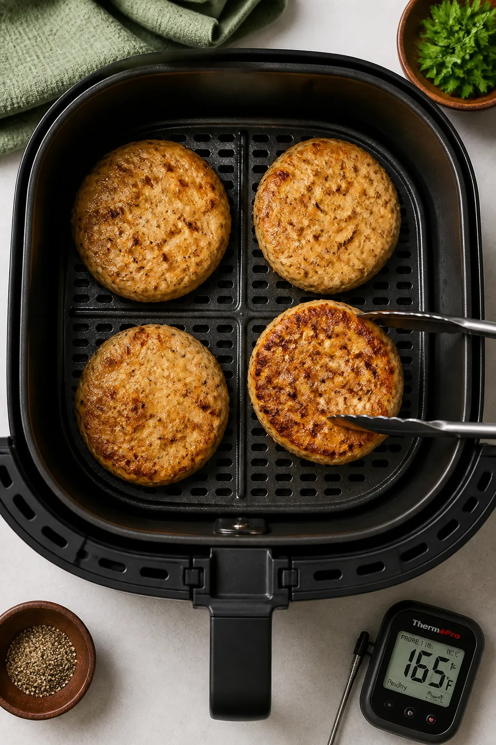 Cooking process: Overhead shot of four 1/2-inch-thick chicken burger patties air frying at 375°F in