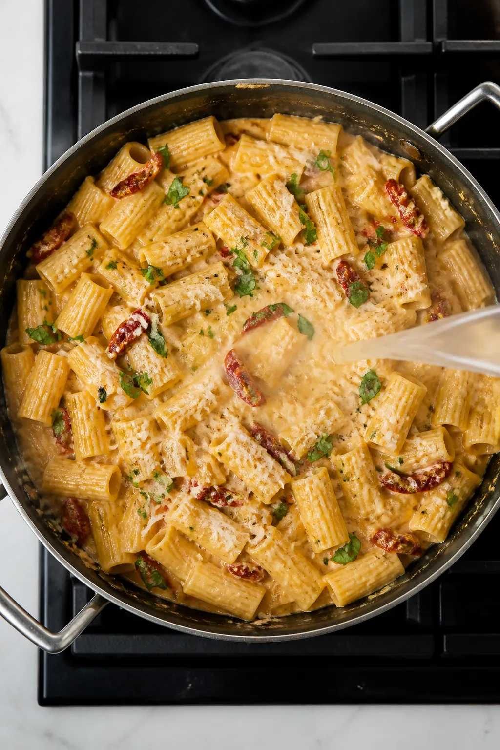 Cooking process: Overhead shot of Marry Me Chicken Pasta being tossed in a large skillet, rigatoni c
