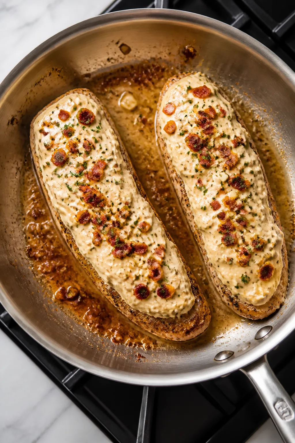Cooking process: Overhead shot of seared pork tenderloins in an oven-safe skillet, heat off, with th