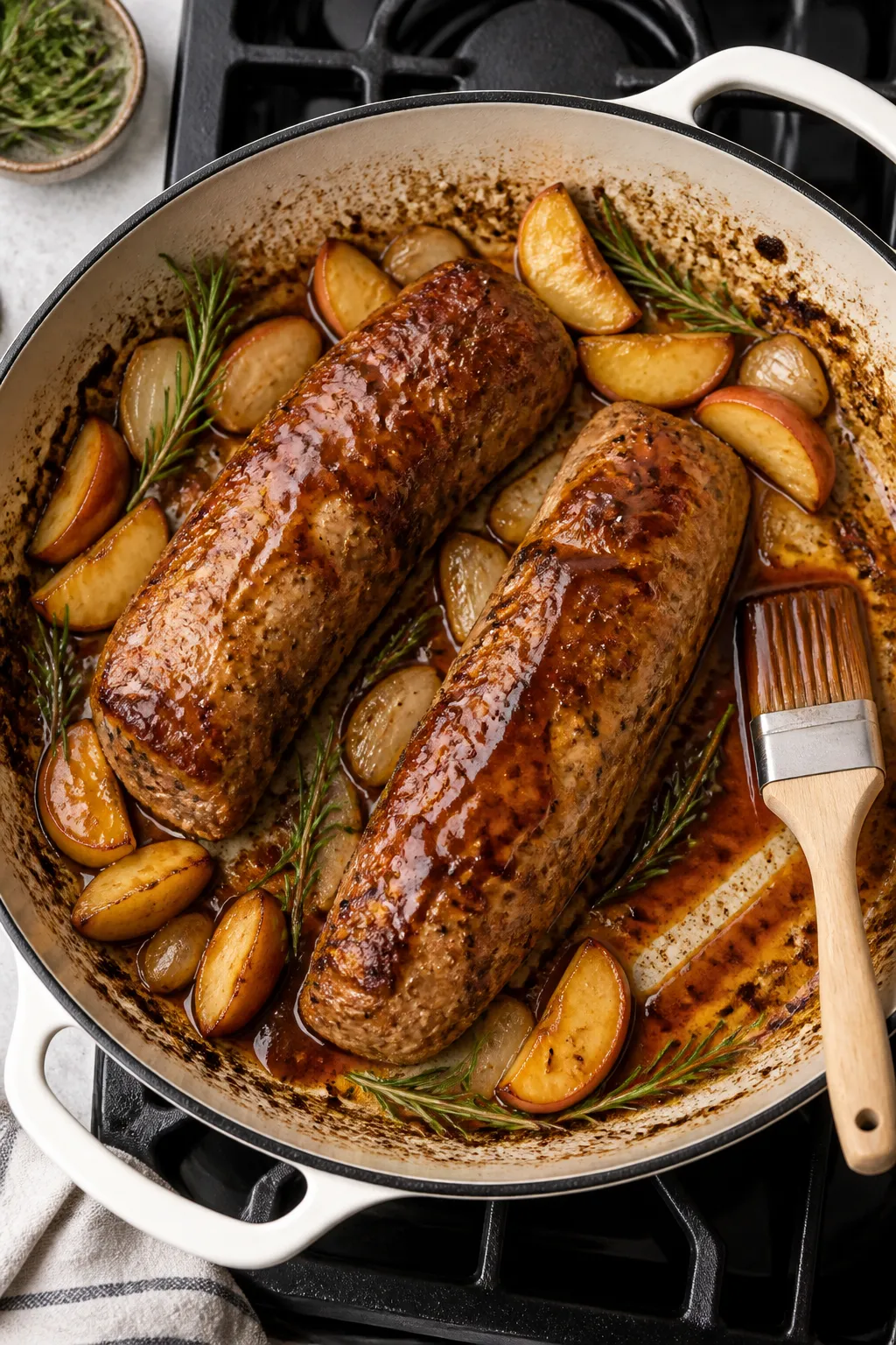Cooking process: Overhead shot of seared pork tenderloins in an oven-safe skillet just after glazing