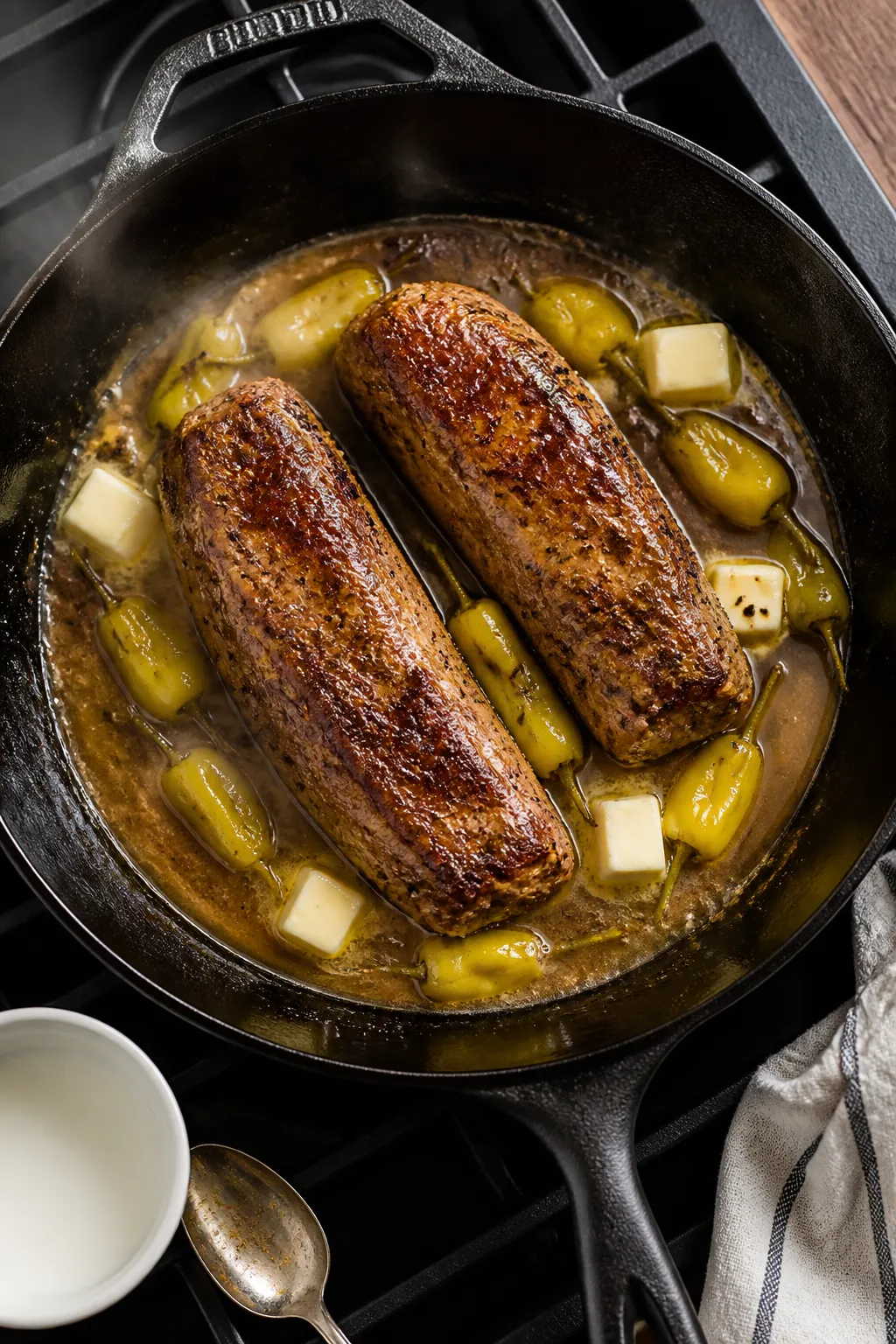 Cooking process: Overhead shot of seared pork tenderloins in an oven-safe cast-iron skillet, surroun