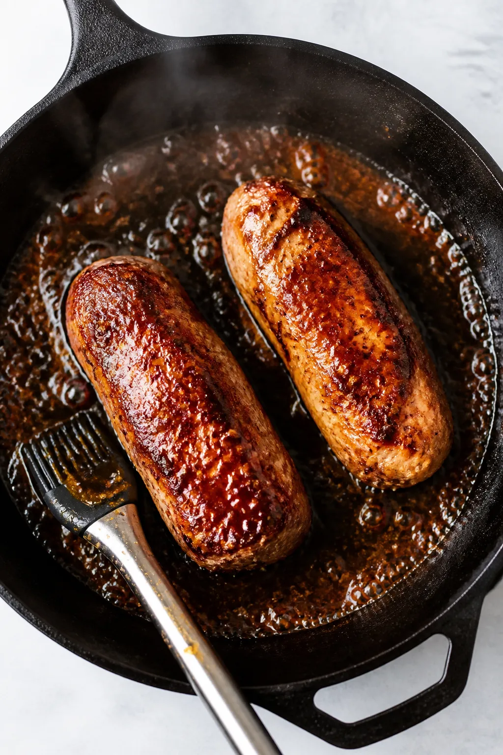 Cooking process: Overhead shot of seared pork tenderloins in an oven-safe skillet on the stovetop as