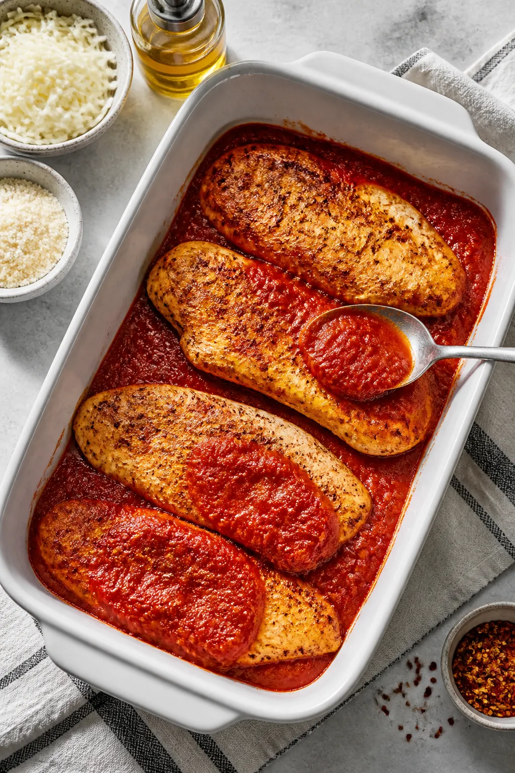 Cooking process: Overhead shot of seasoned, lightly pan-seared chicken cutlets being nestled into a 