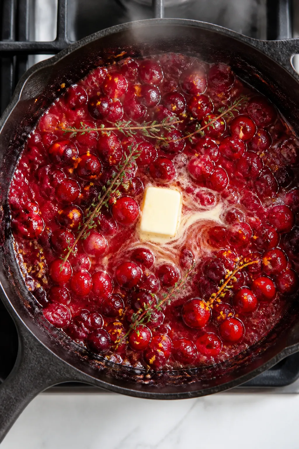 Cooking process: Overhead shot of the oven-safe skillet on the stovetop as the cranberry sauce reduc