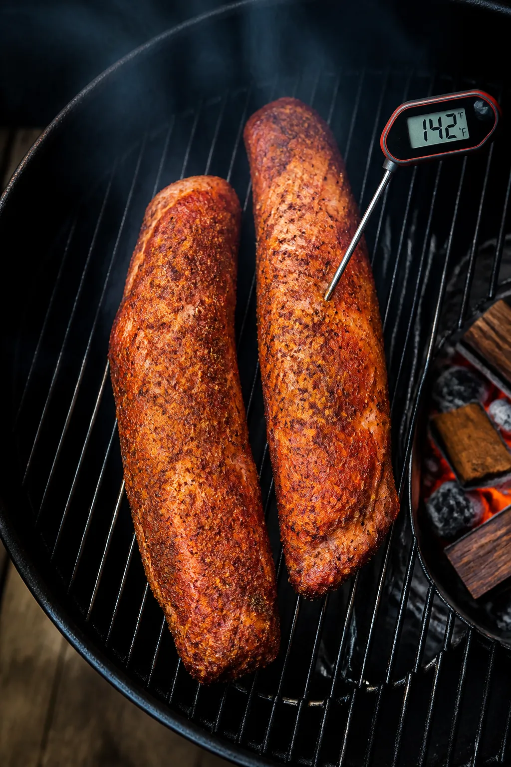 Cooking process: Overhead shot of two pork tenderloins on smoker grates at 225–250°F, surfaces ev