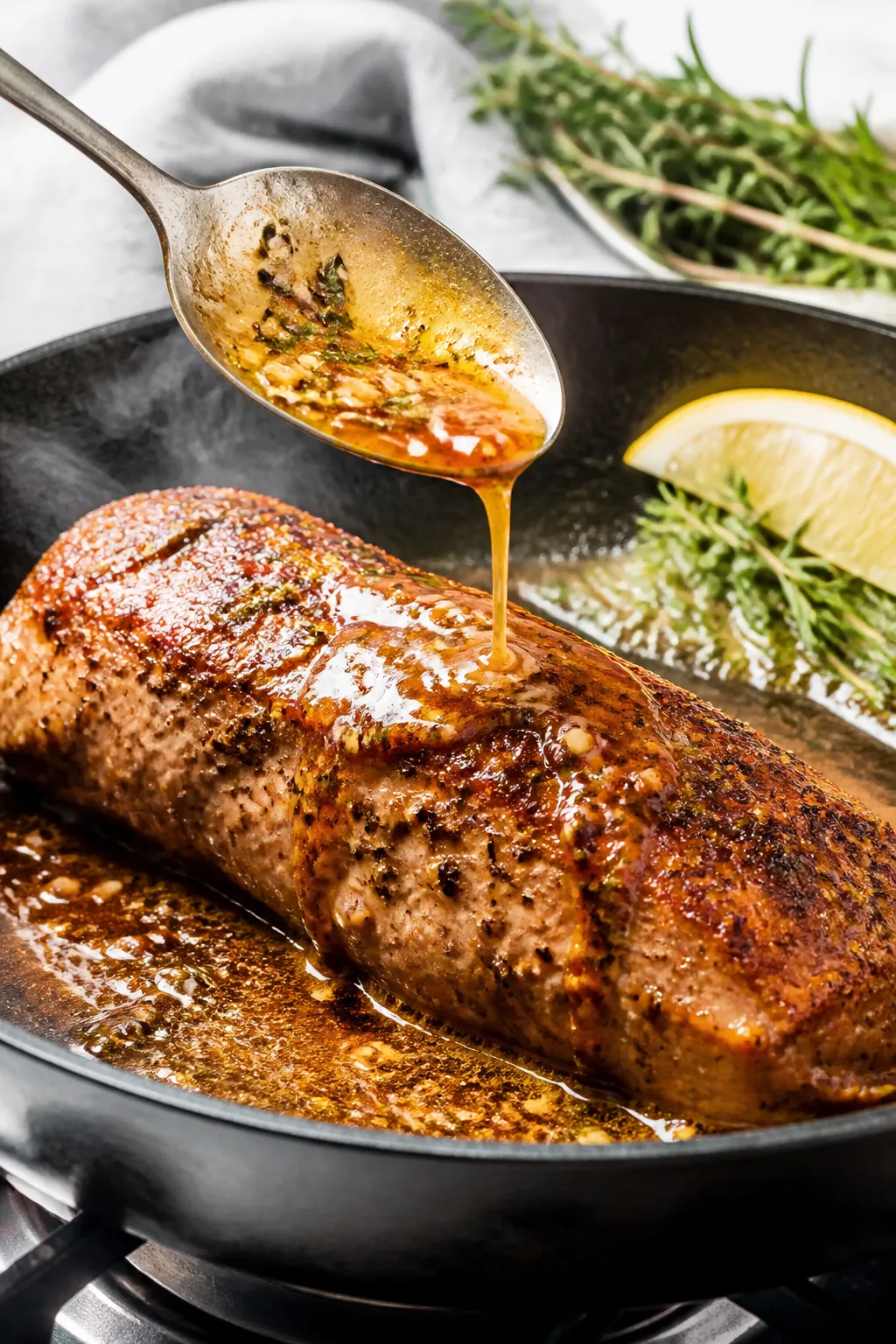 Cooking process: Pork tenderloin being basted in a hot oven-safe skillet on the stovetop, butter foa