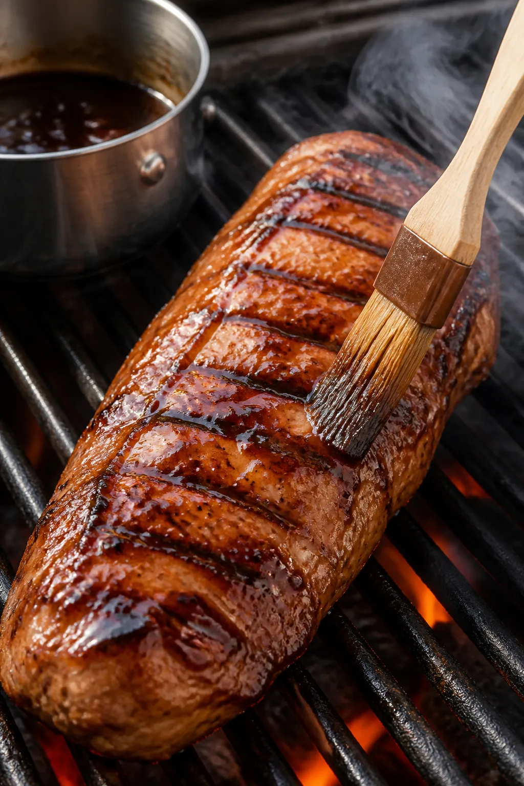 Cooking process: Pork tenderloin being brushed with reserved teriyaki glaze on a hot grill, grill ma