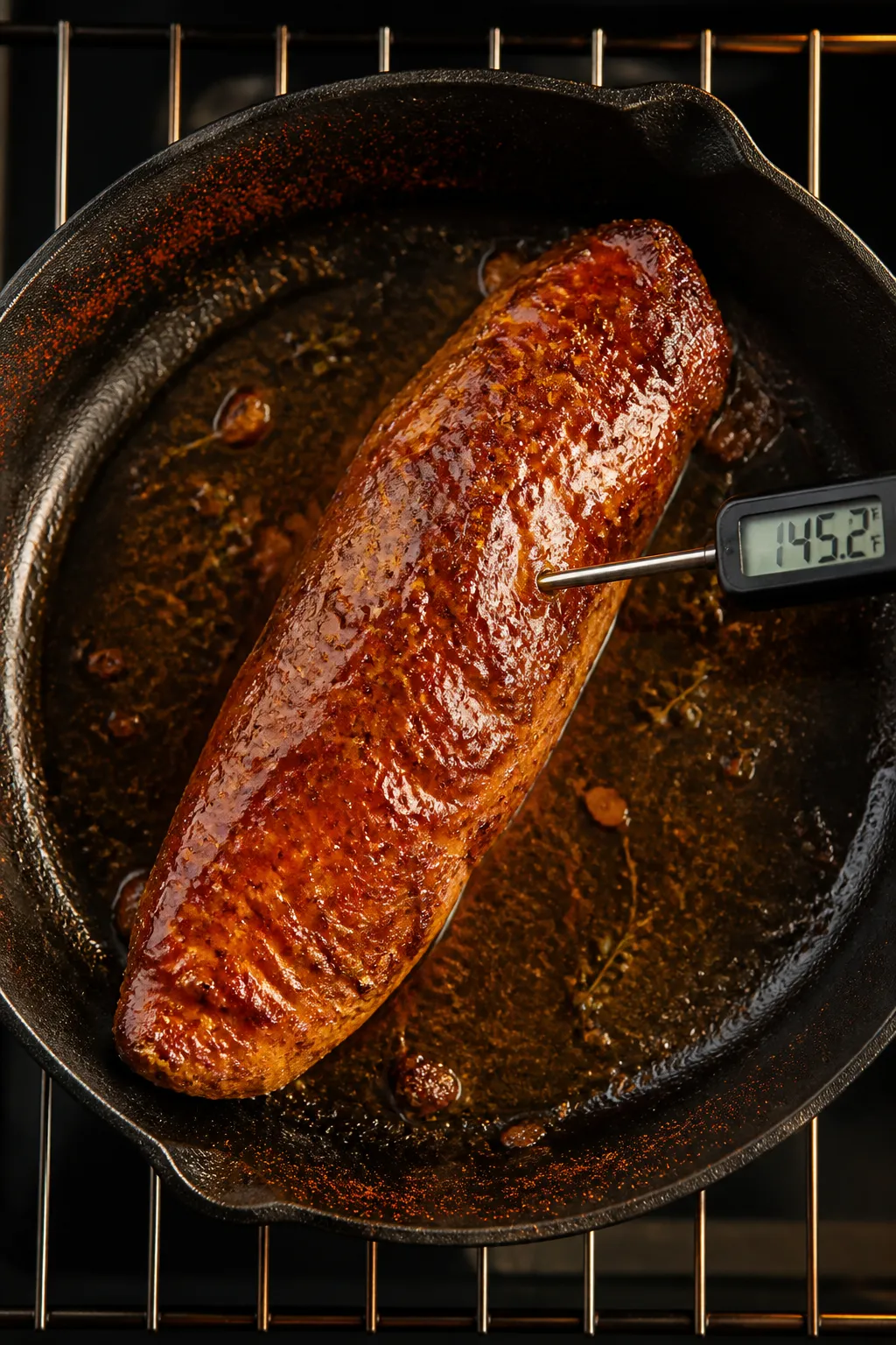 Cooking process: Pork tenderloin just brushed with the second coat of brown sugar–Dijon glaze in a