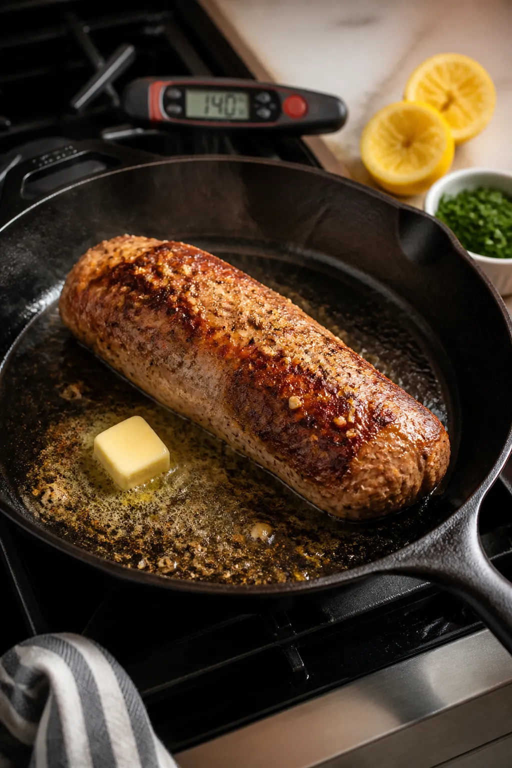Cooking process: Pork tenderloin just seared and ready to roast in an oven-safe skillet—golden cru