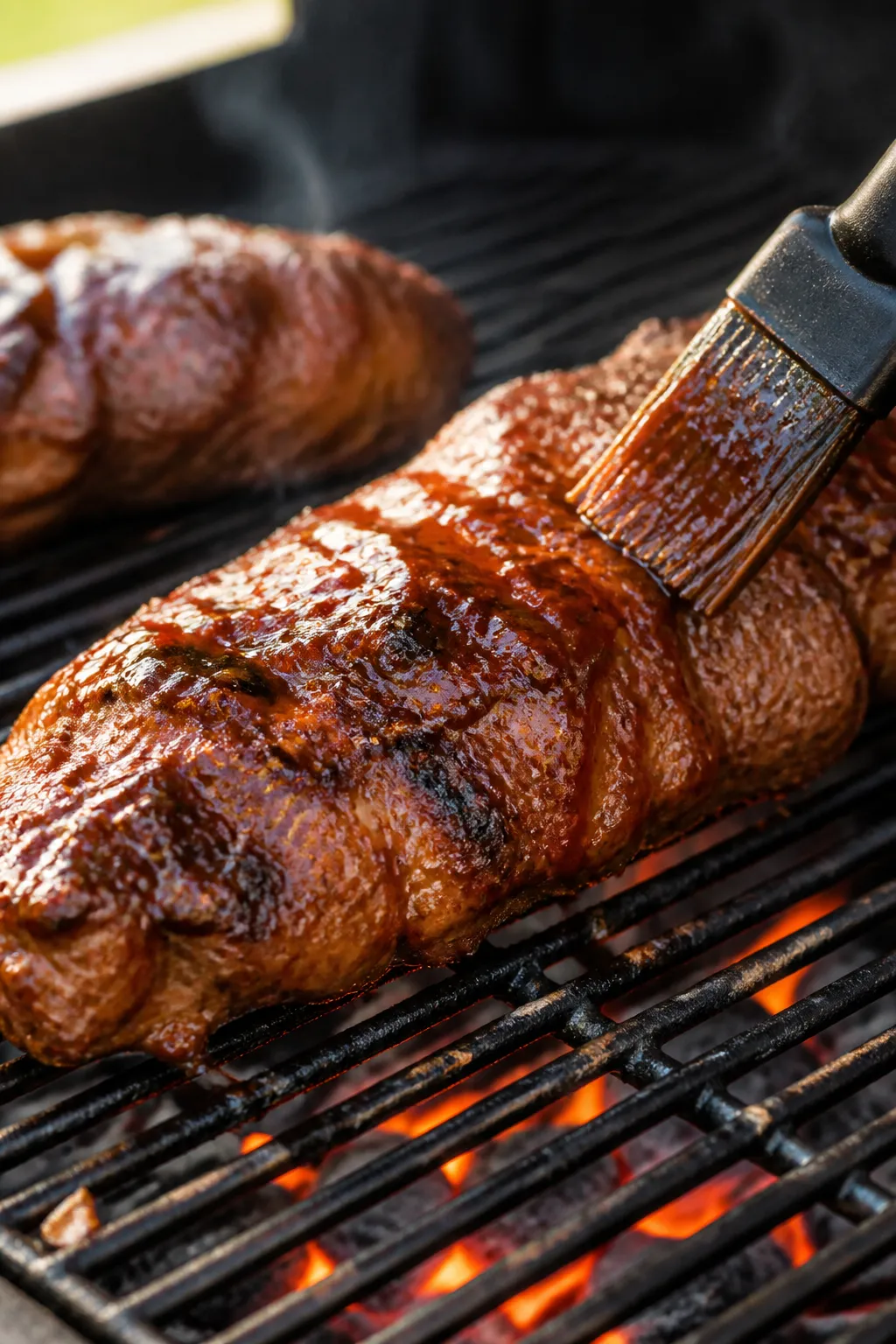 Cooking process: Pork tenderloin on a grill over medium-high heat, light char marks forming as a bru