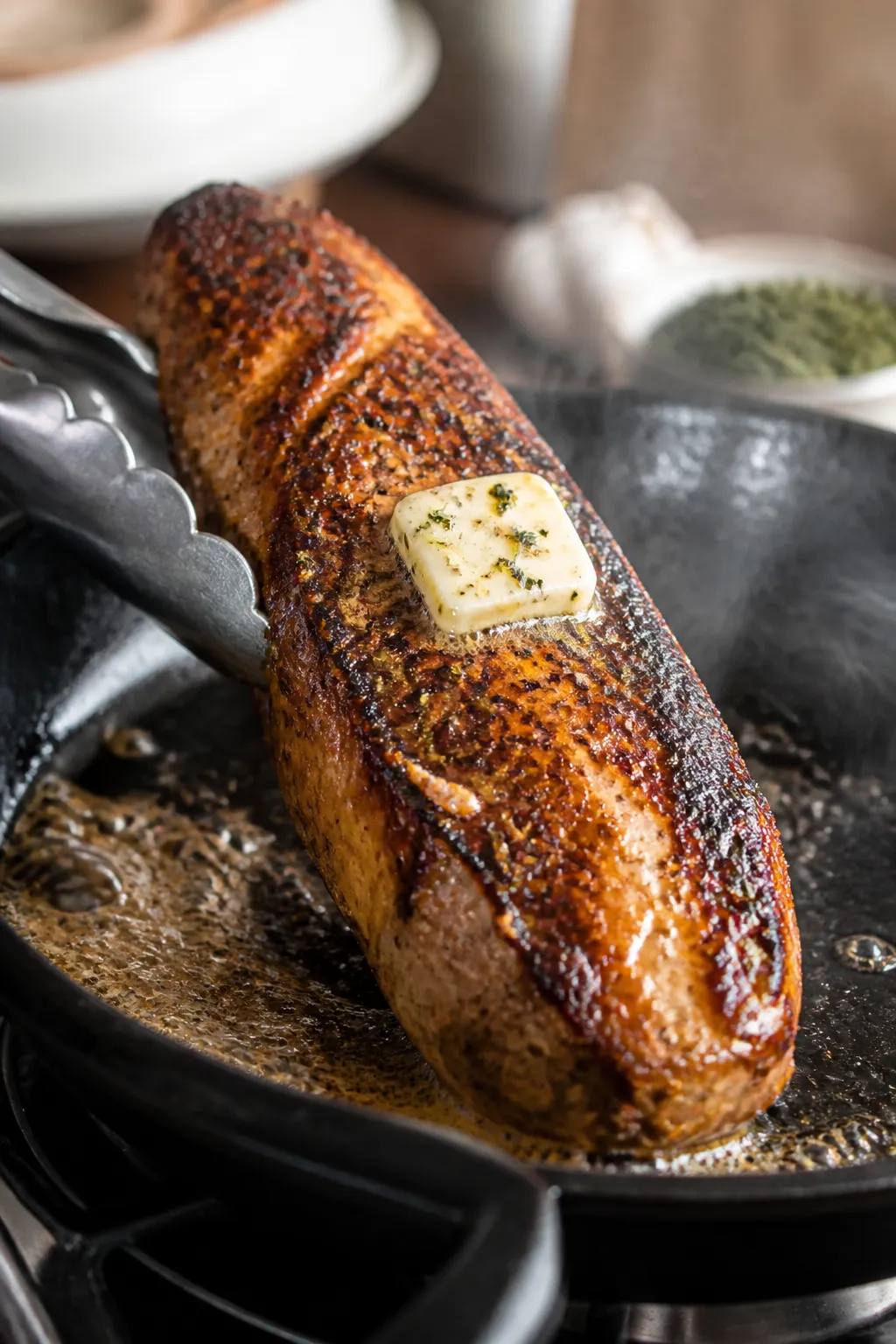 Cooking process: Pork tenderloin searing in a cast-iron skillet on the stovetop, mid-flip, with a de