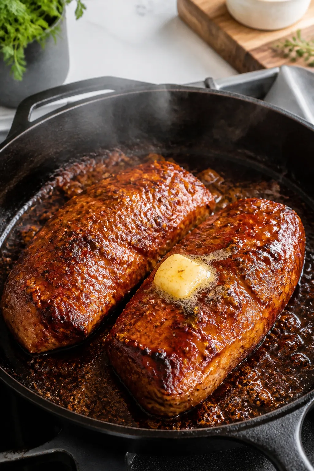 Cooking process: Pork tenderloins being seared in an oven-safe skillet, paste of brown sugar, minced