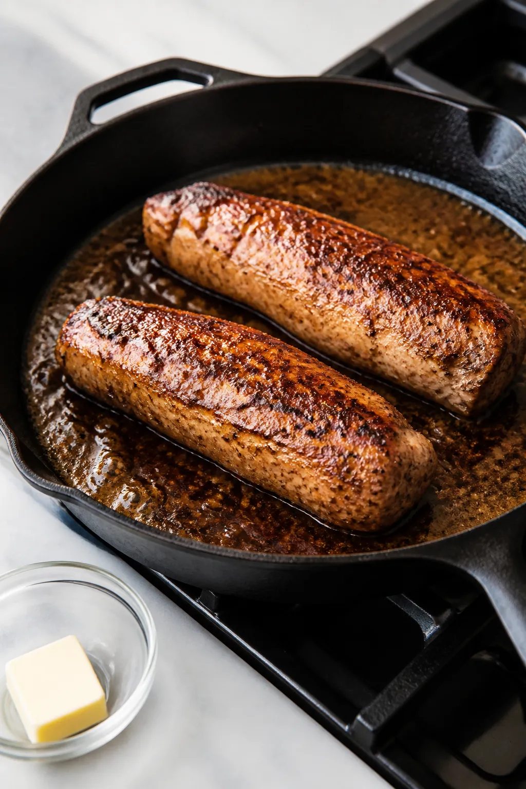 Cooking process: Pork tenderloins being seared in an oven-safe cast-iron pan on the stovetop, showin