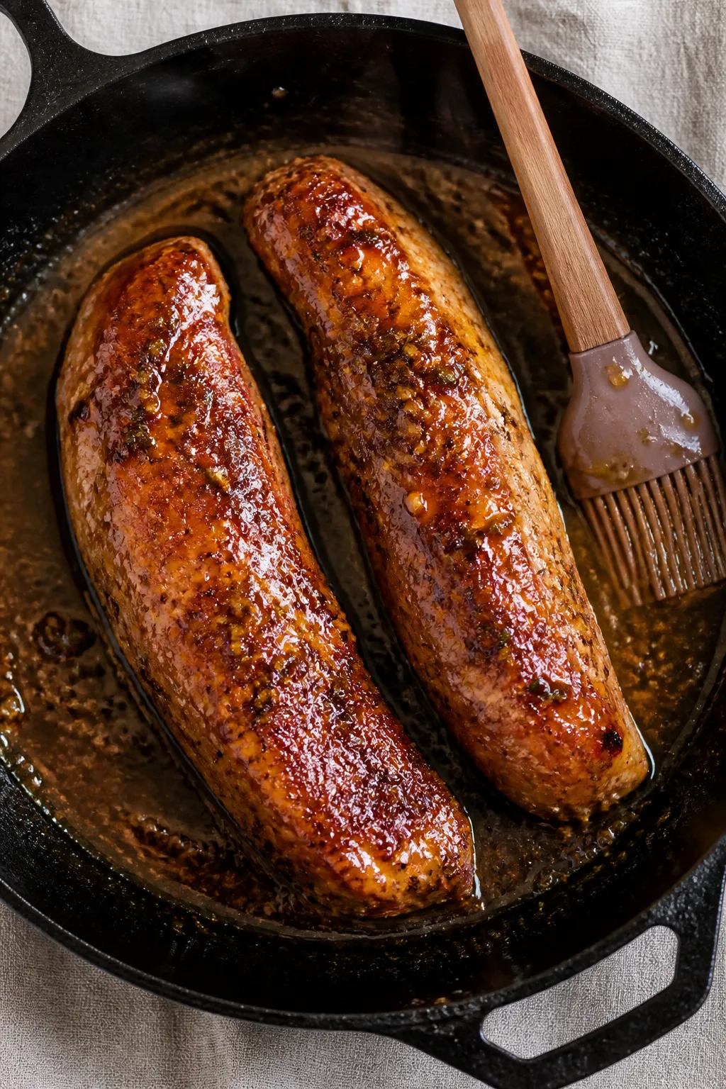 Cooking process: Pork tenderloins in an oven-safe skillet on the stovetop, mid-glaze finish—remain
