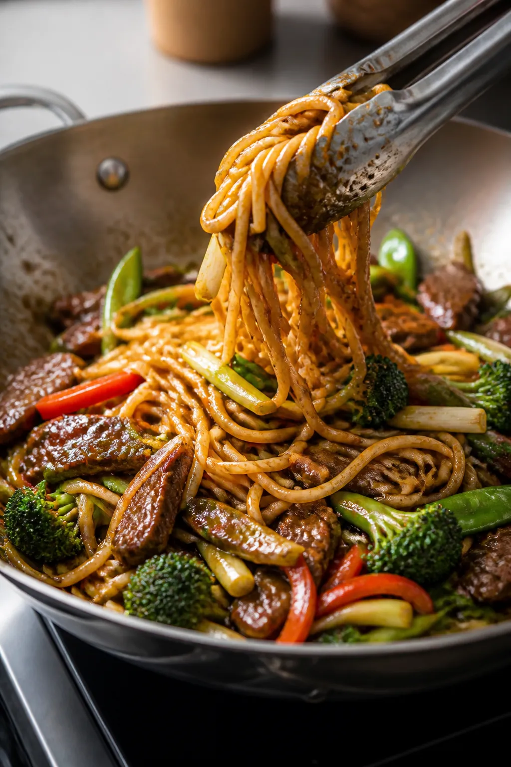 Cooking process: Ramen noodles, sautéed broccoli florets, snap peas, and bell peppers being combine