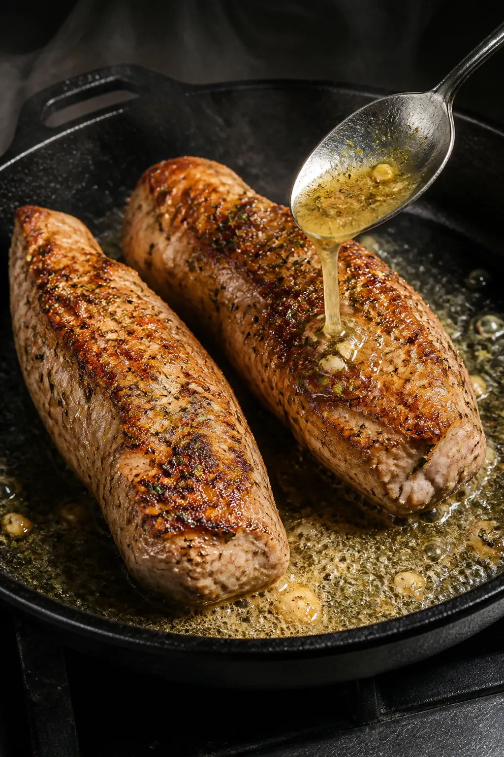 Cooking process: Ranch-seasoned pork tenderloins in a hot oven-safe skillet mid-sear, golden-brown c