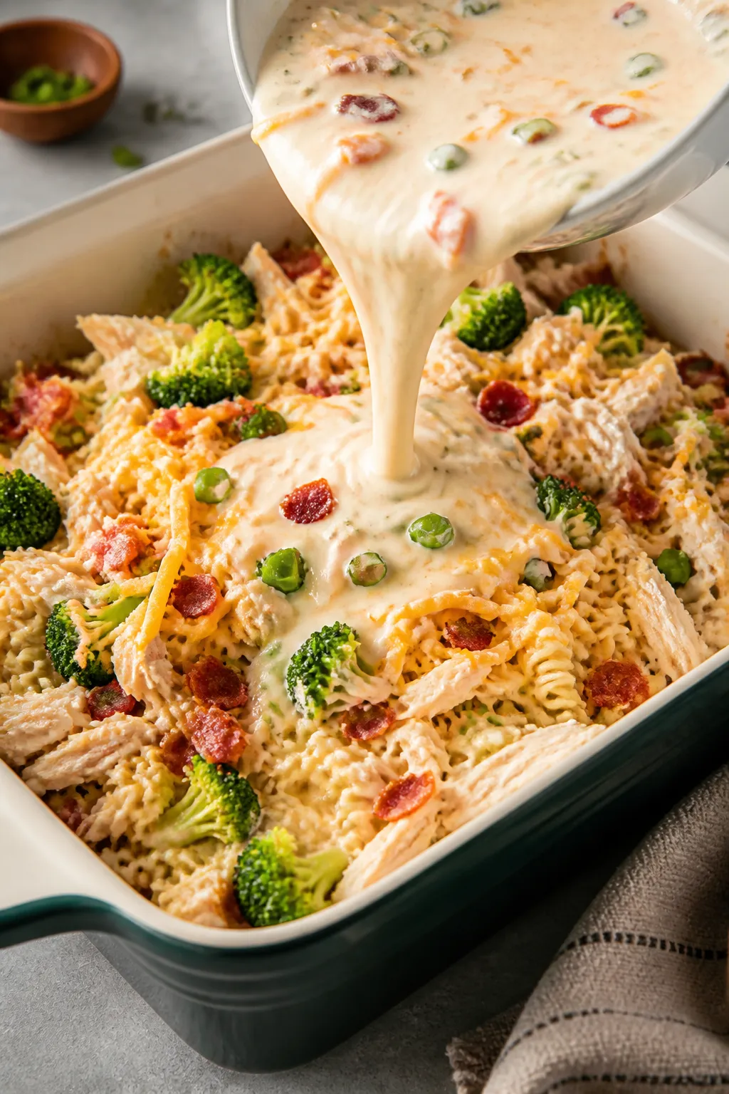 Cooking process scene: mid-bake assembly in a greased casserole dish showing broken dry ramen chunks