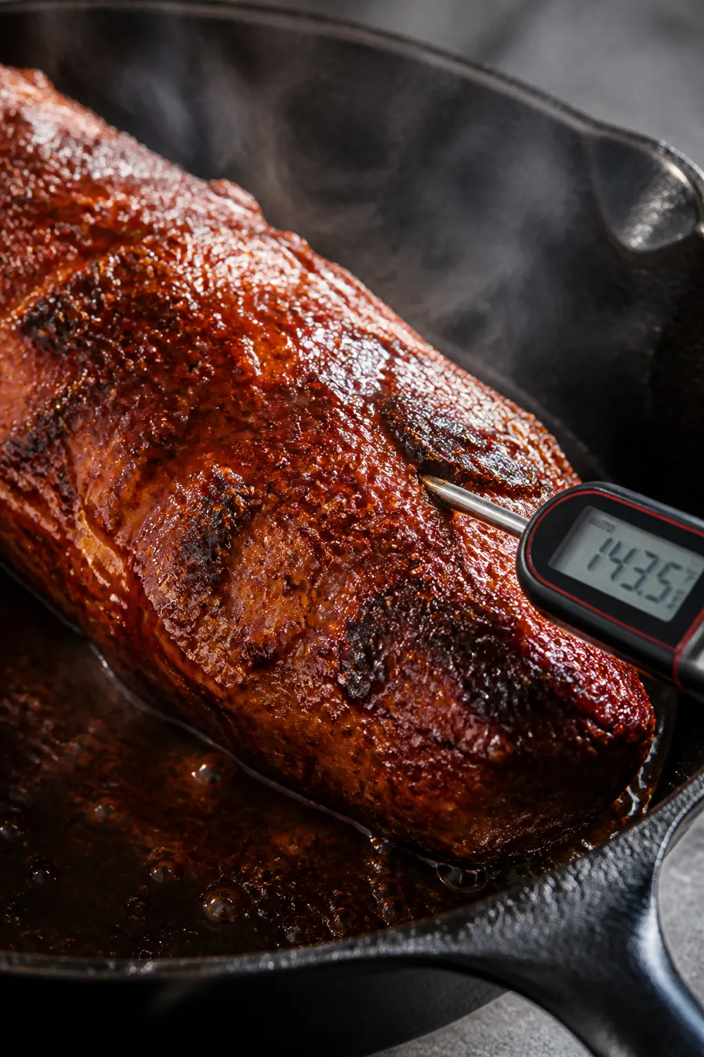 Cooking process, sear and glaze: Close-up of a pork tenderloin in a screaming-hot cast-iron skillet,