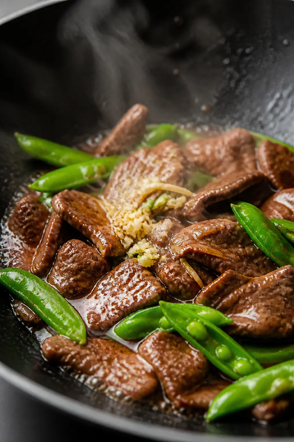 Cooking process — Searing beef for Mongolian Beef Ramen: Thin slices of flank steak, lightly coate