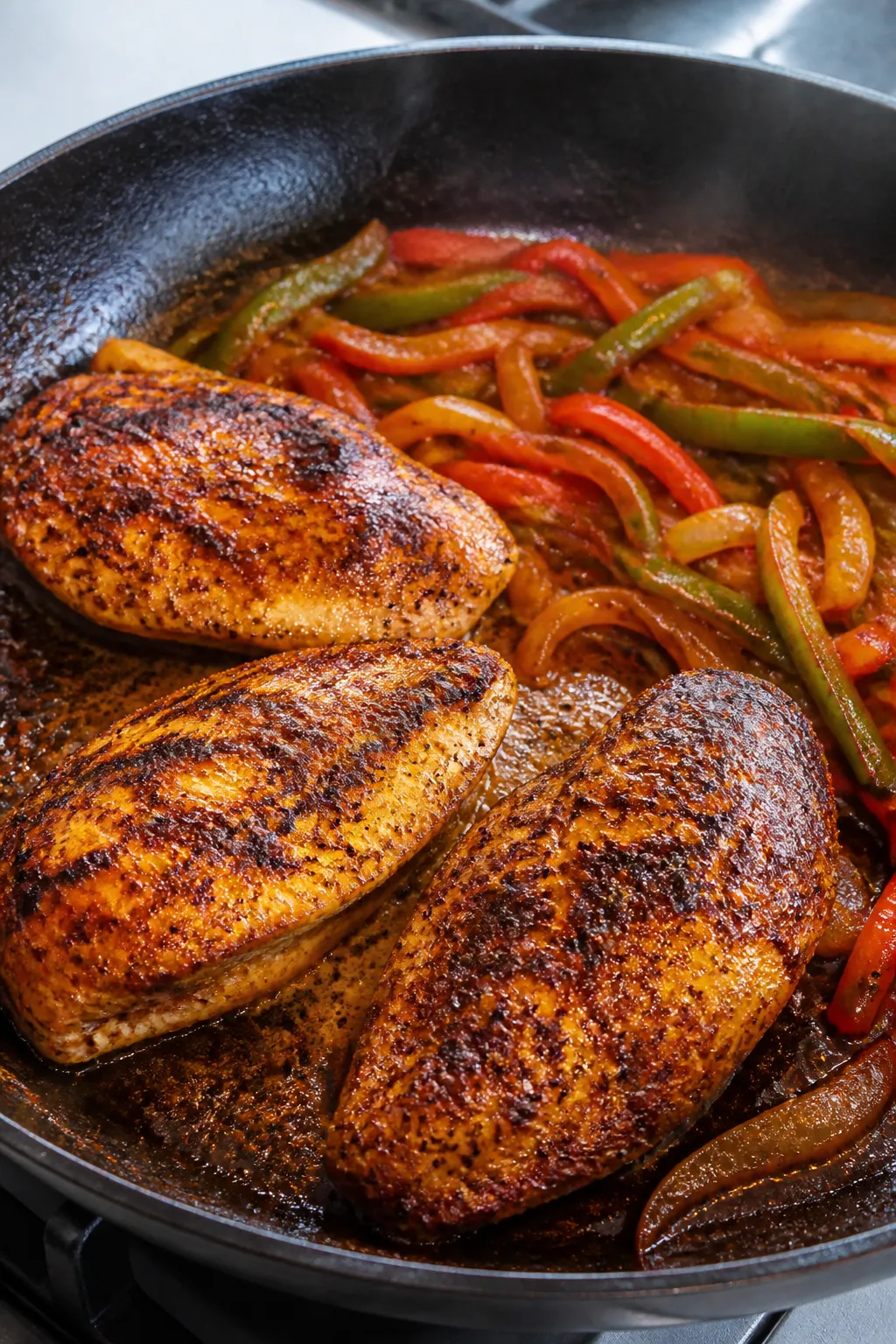 Cooking process — Searing seasoned chicken: Close-up of spice-rubbed chicken breasts searing in a
