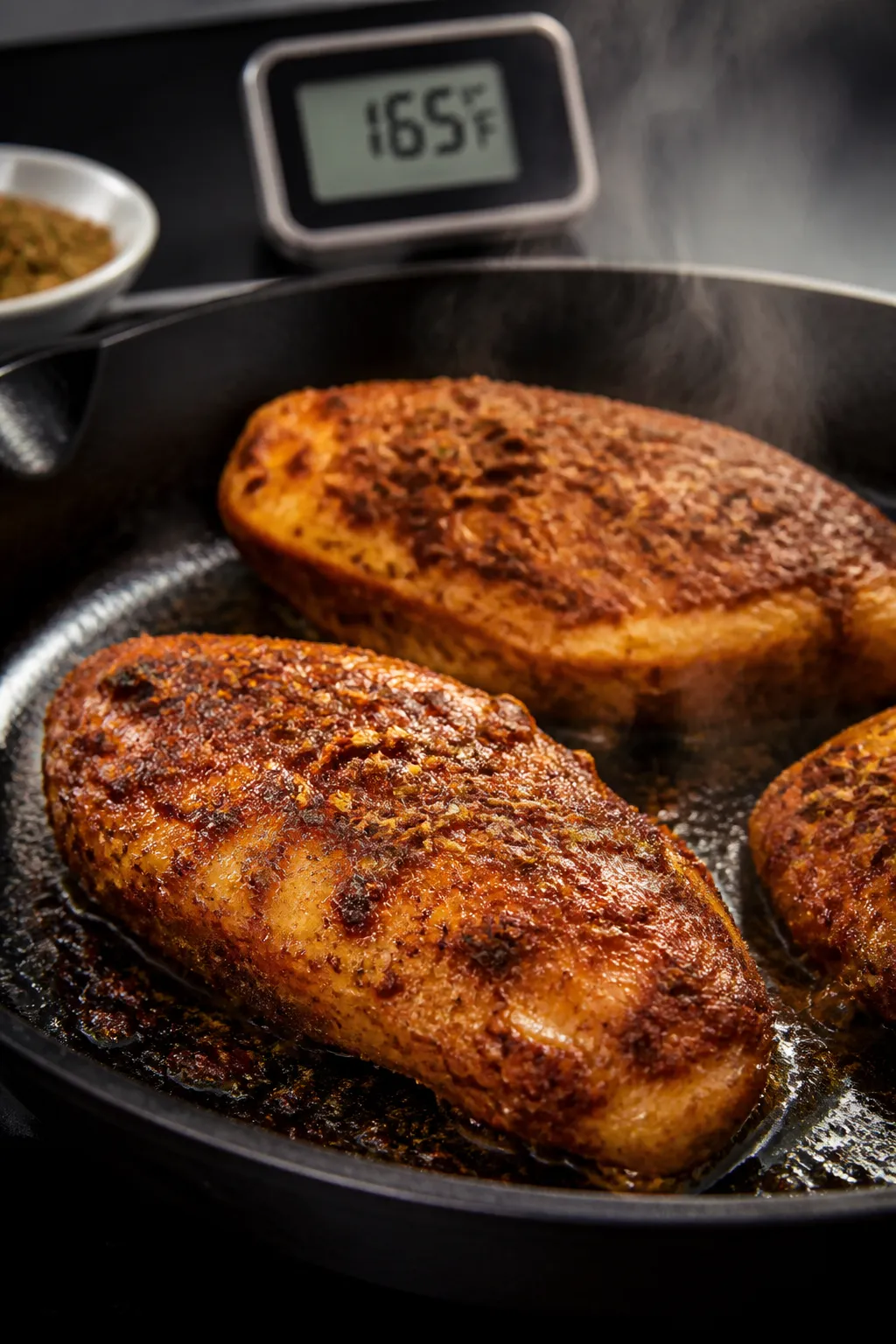 Cooking process – Searing the seasoned chicken: Medium-close shot of spice-rubbed chicken breasts 
