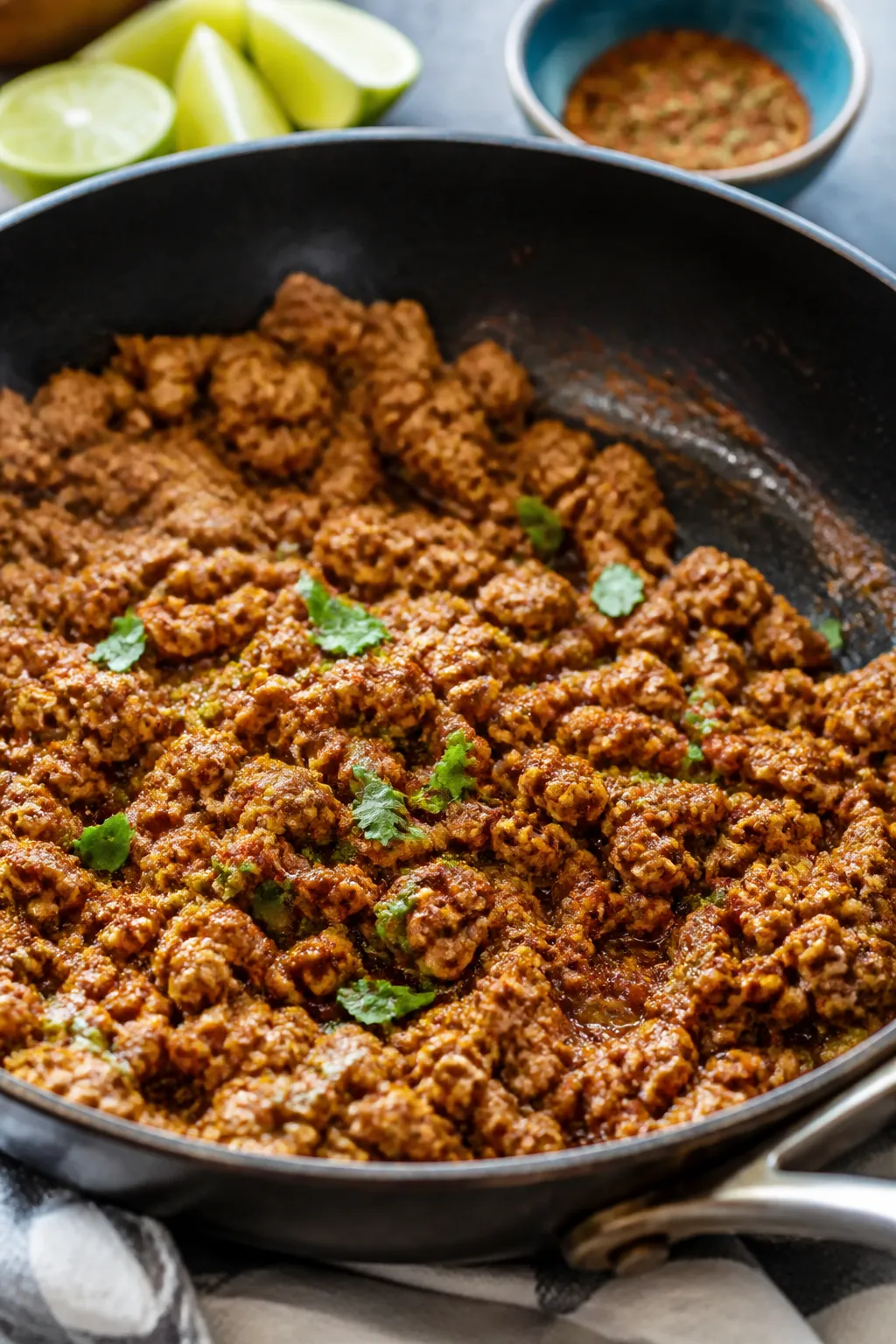 Cooking process — seasoned ground chicken sizzling: Close-up of browned ground chicken in a wide s