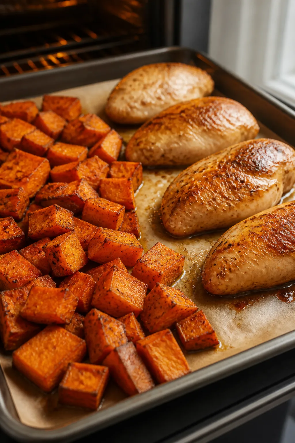 Cooking process, sheet pan: Roasted sweet potato cubes on one side of a parchment-lined sheet pan an