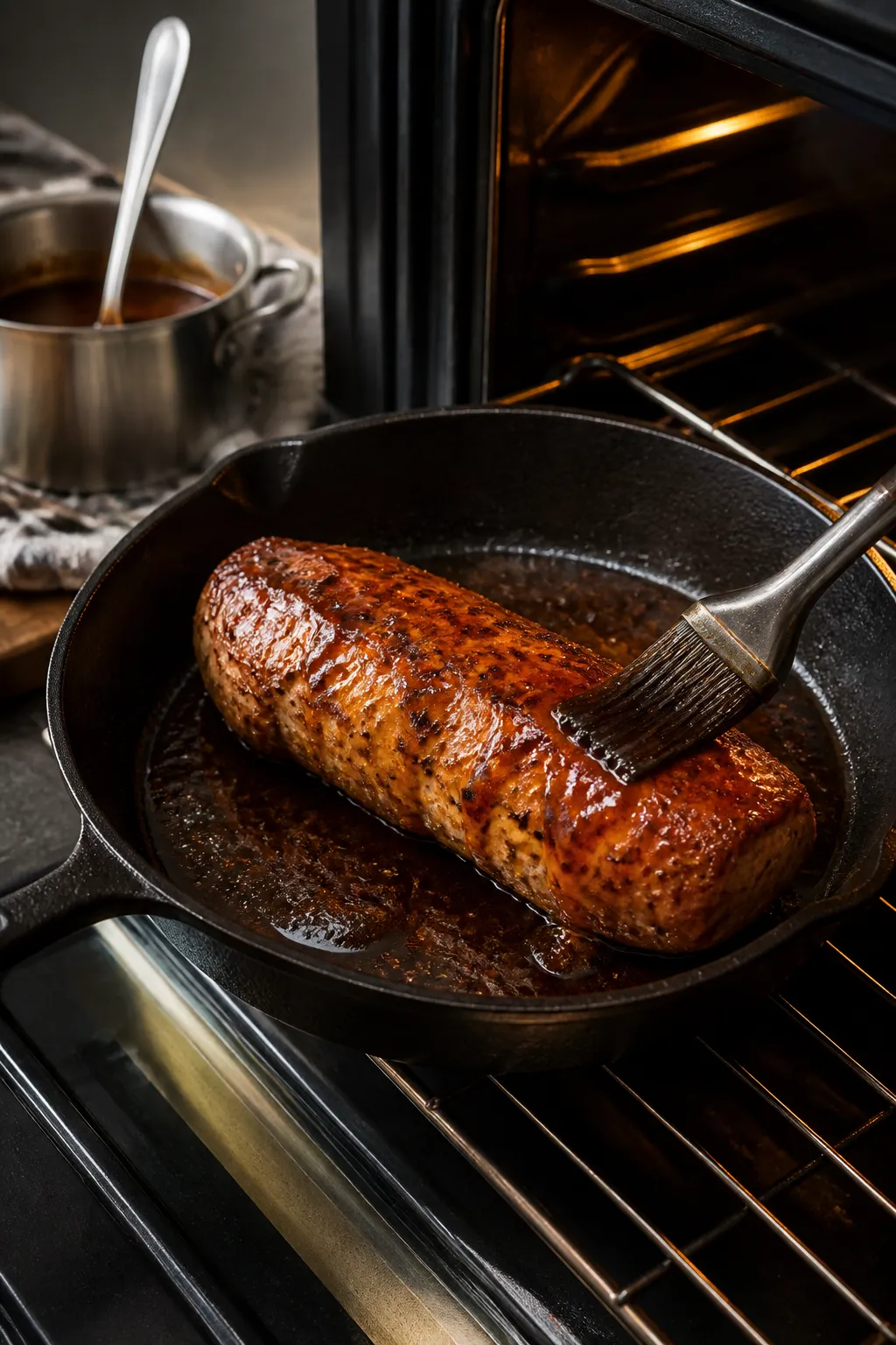 Cooking process shot: Pork tenderloin in an oven-safe skillet right after stovetop searing, all side