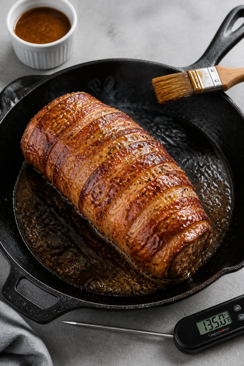 Cooking process shot: Searing stage on the stovetop—bacon-wrapped tenderloin in a heavy oven-safe 