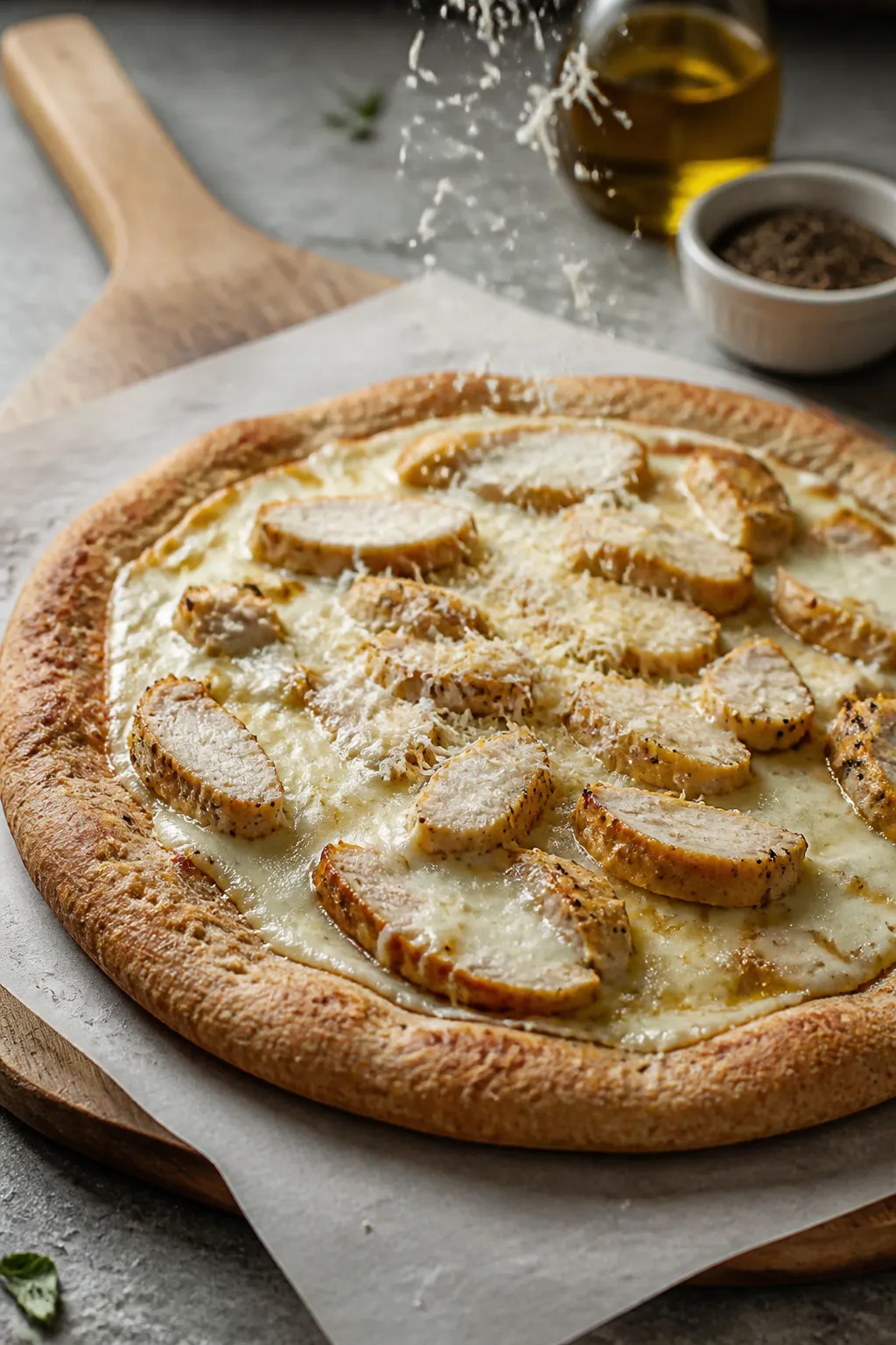 Cooking process, side angle: Parbaked whole-wheat pizza crust on a parchment-lined peel being topped