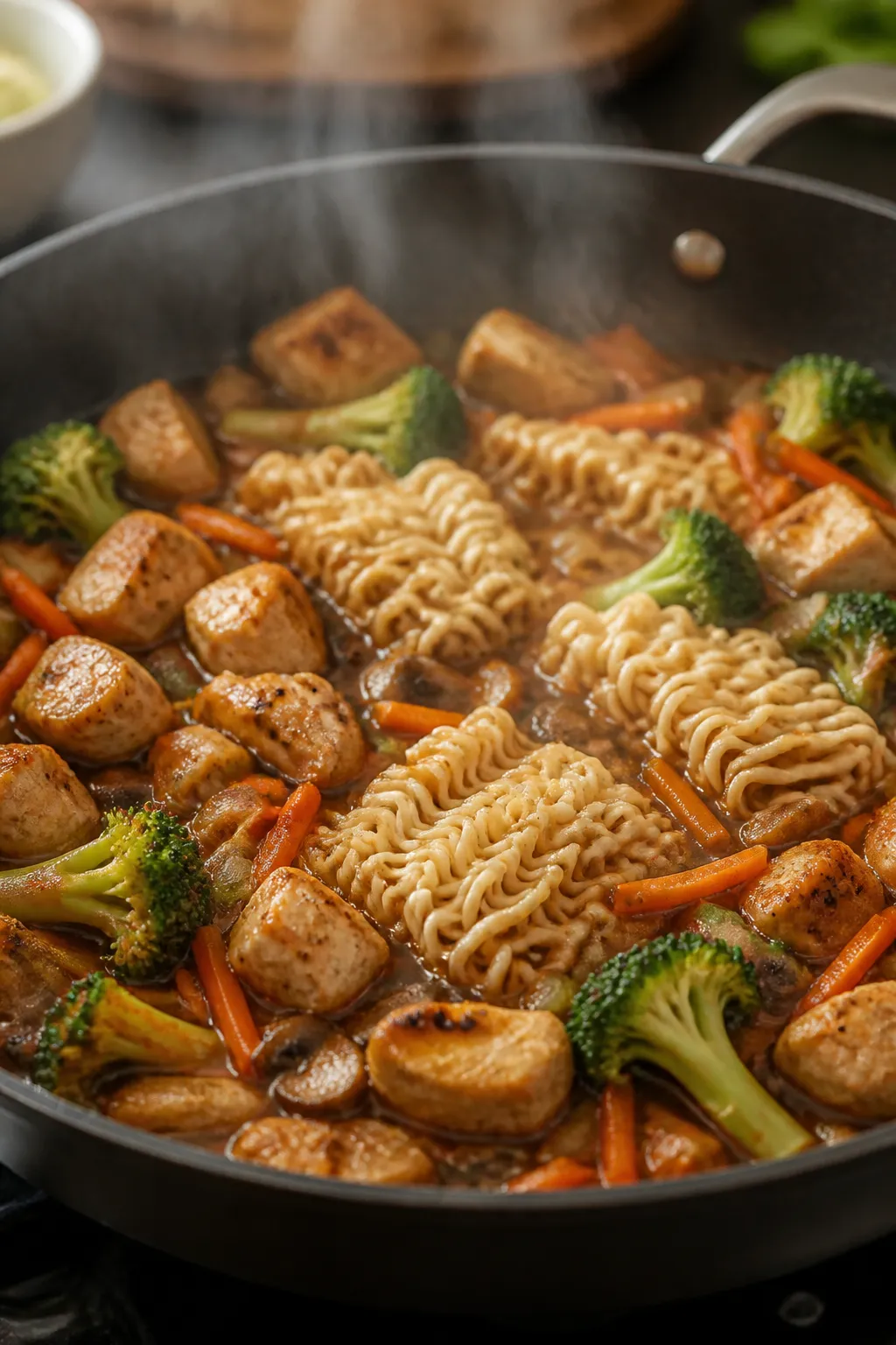 Cooking process, skillet action: Searing bite-size chicken pieces until lightly browned in a large, 