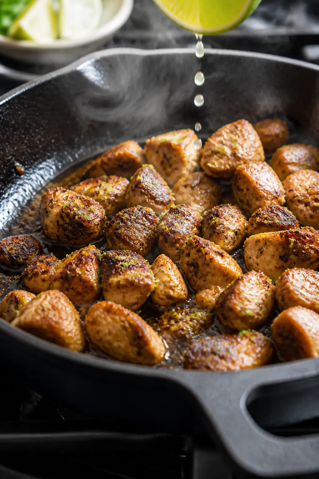 Cooking process, skillet sear: Bite-size chicken seasoned with chili powder, cumin, smoked paprika,
