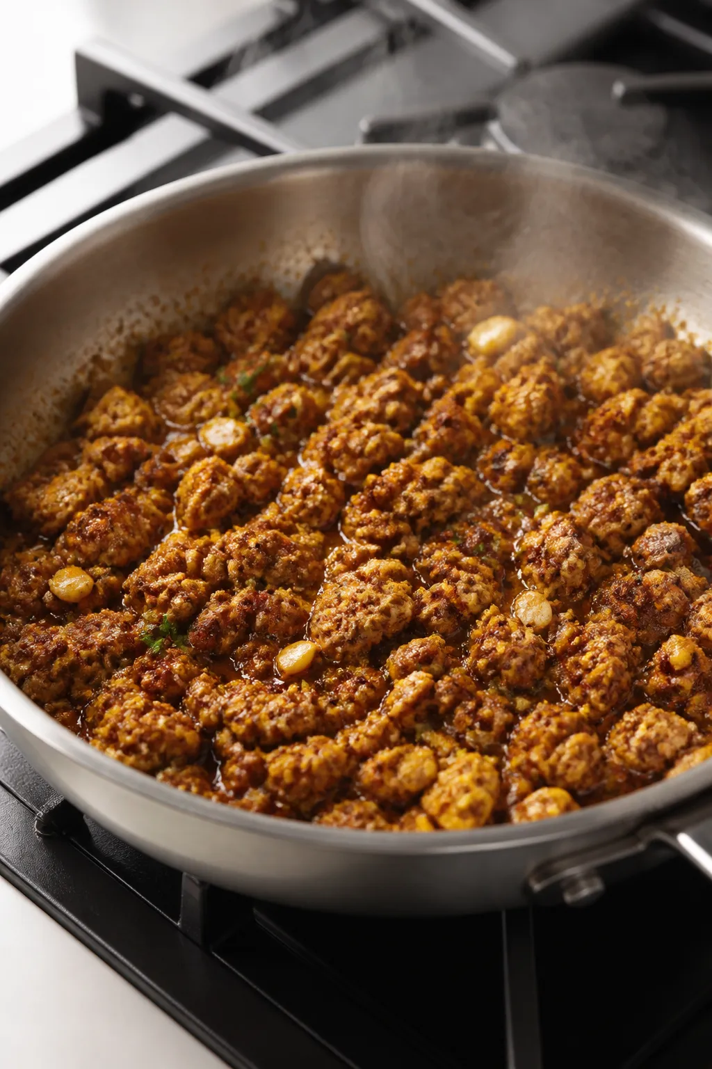Cooking process, skillet sizzle: Ground chicken crumbles browning in a wide stainless skillet over m