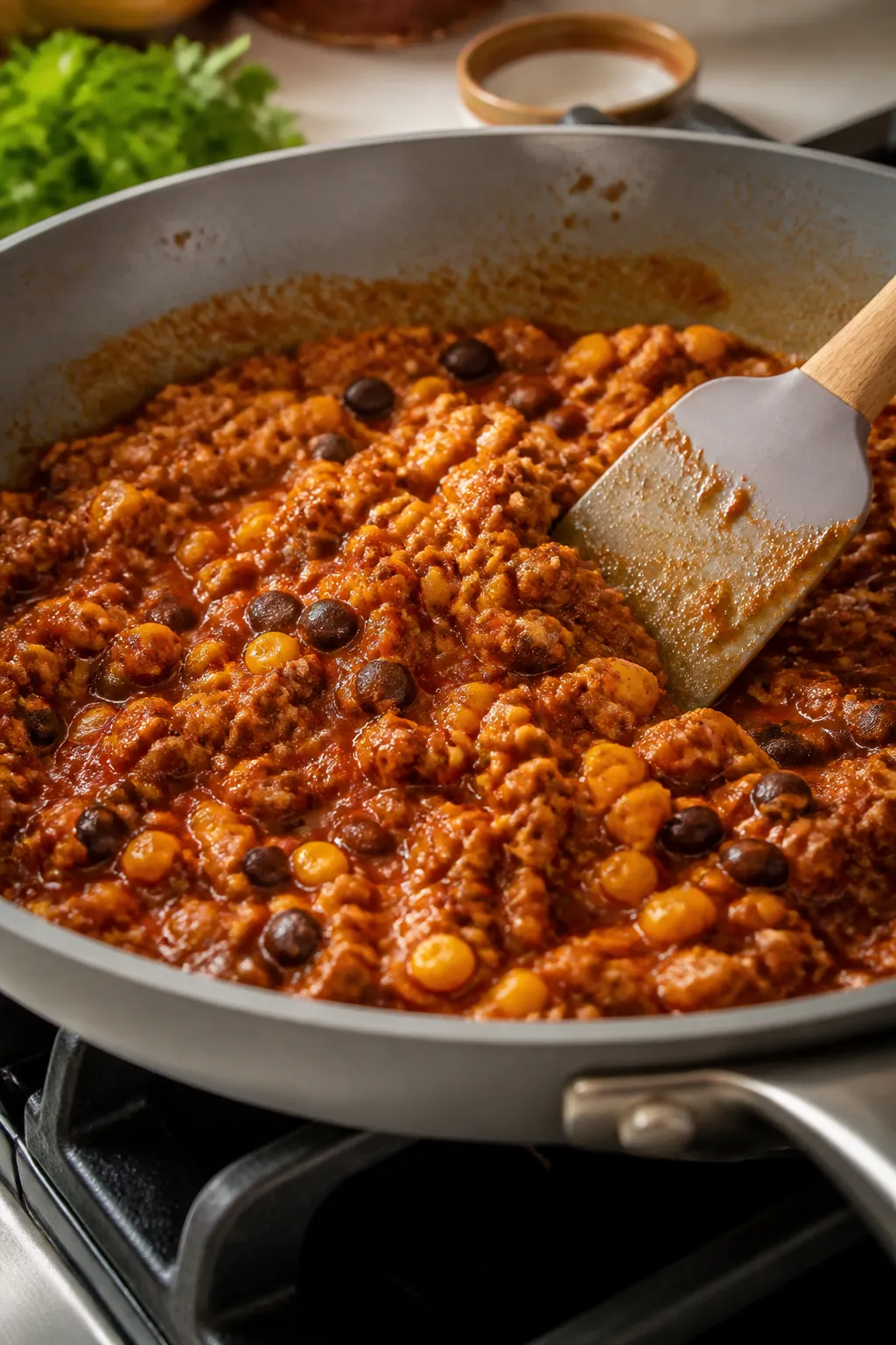 Cooking process, stovetop close-up: Ground chicken enchilada filling simmering in a wide skillet, sh