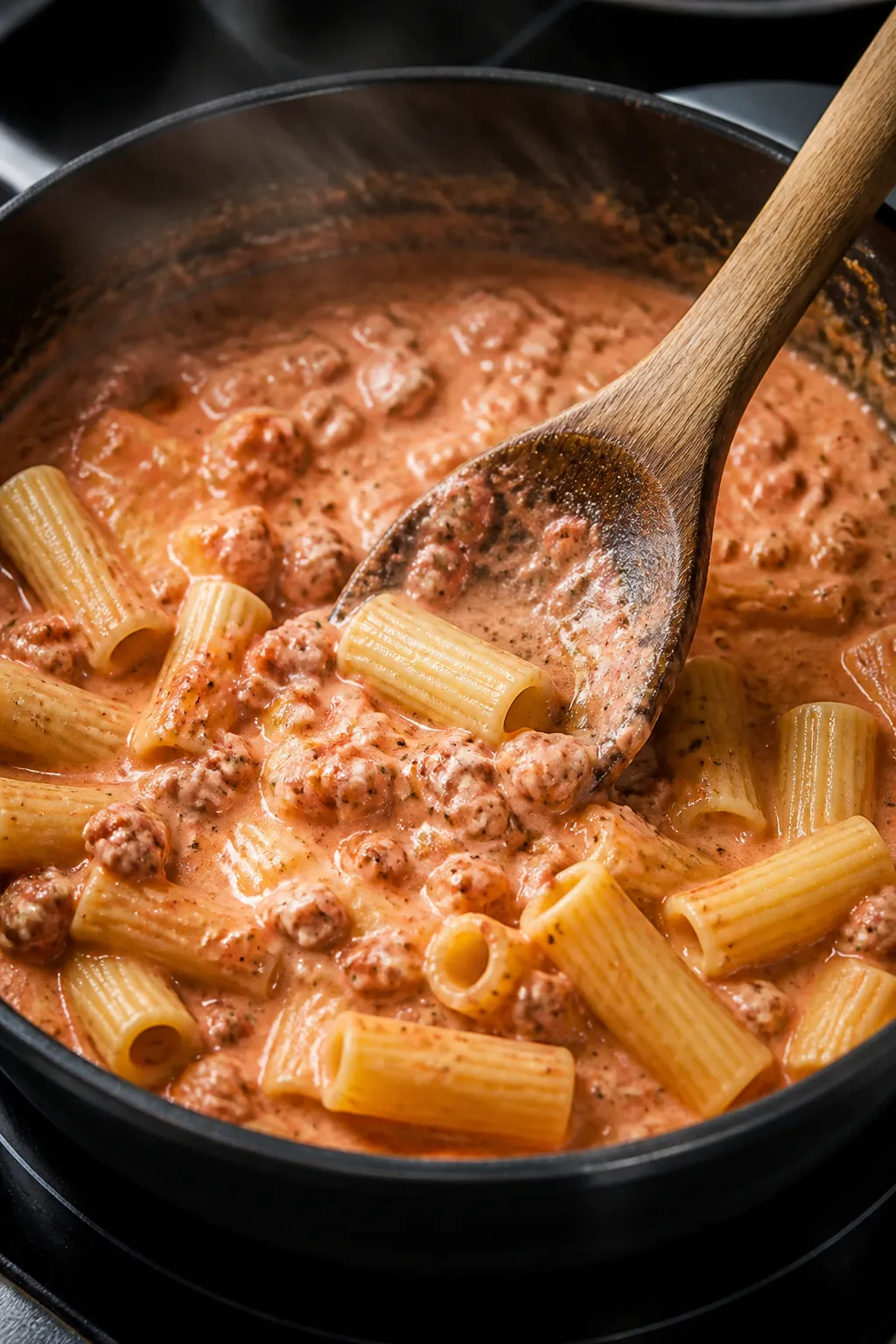 Cooking process, stovetop: Close-up of a deep skillet of simmering ground chicken tomato sauce just 