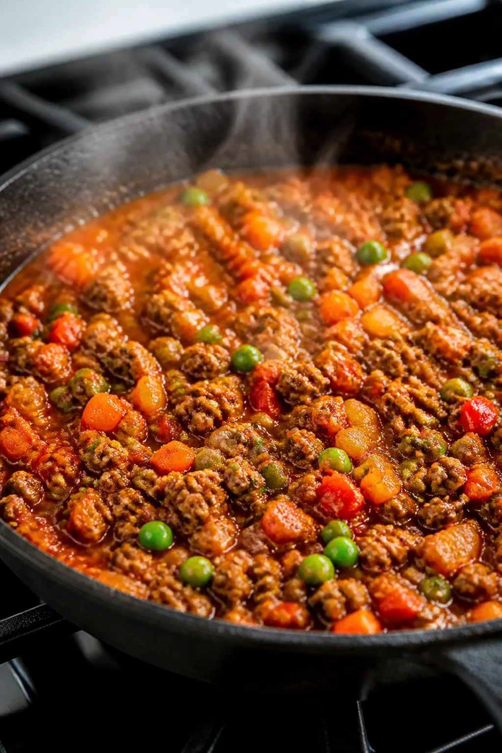 Cooking process, stovetop: Close-up of browned lean ground beef simmering in a tomato sauce and low-