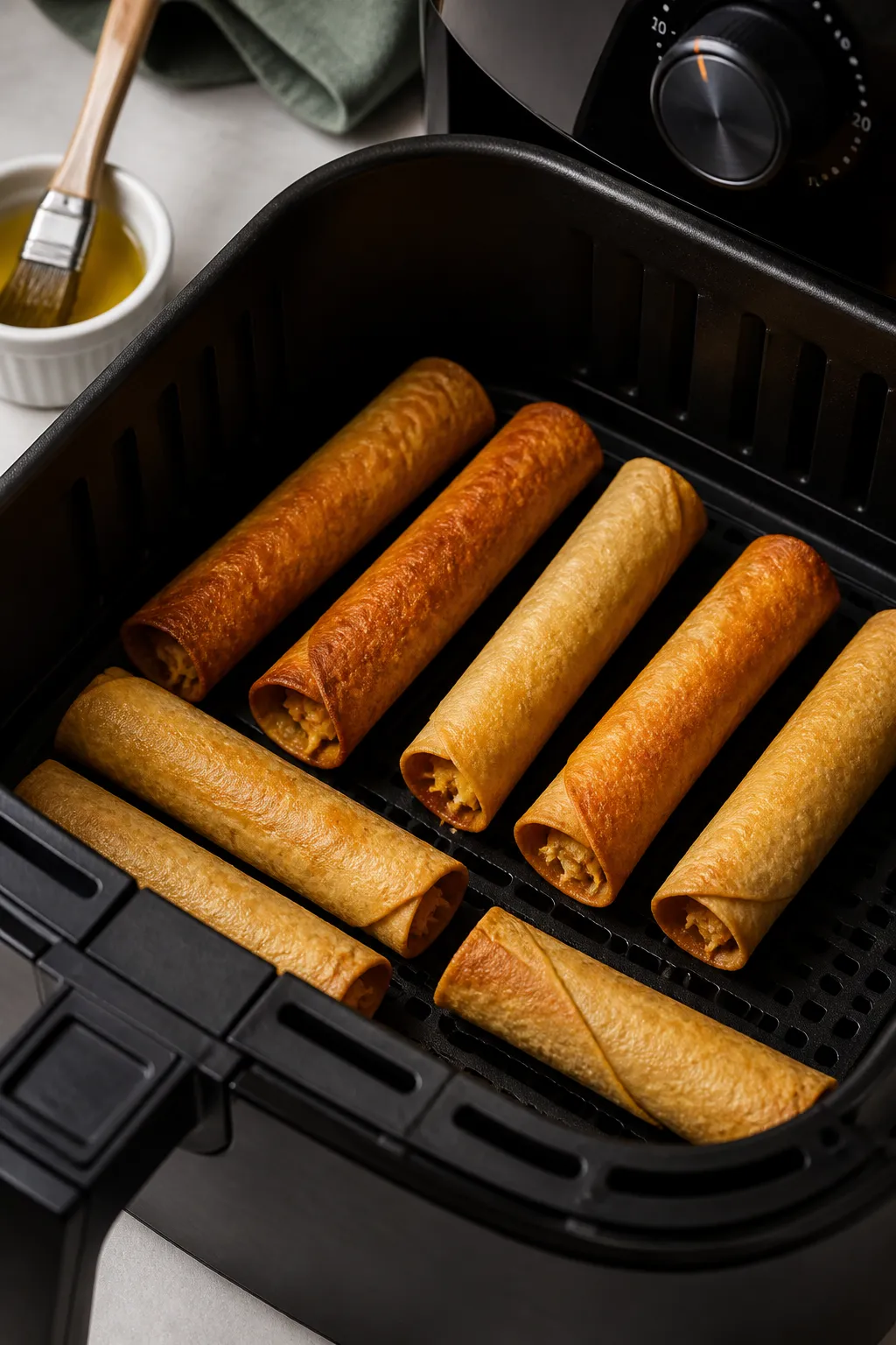 Cooking process: Taquitos arranged seam-side down in an air fryer basket mid-cook, flipped halfway, 
