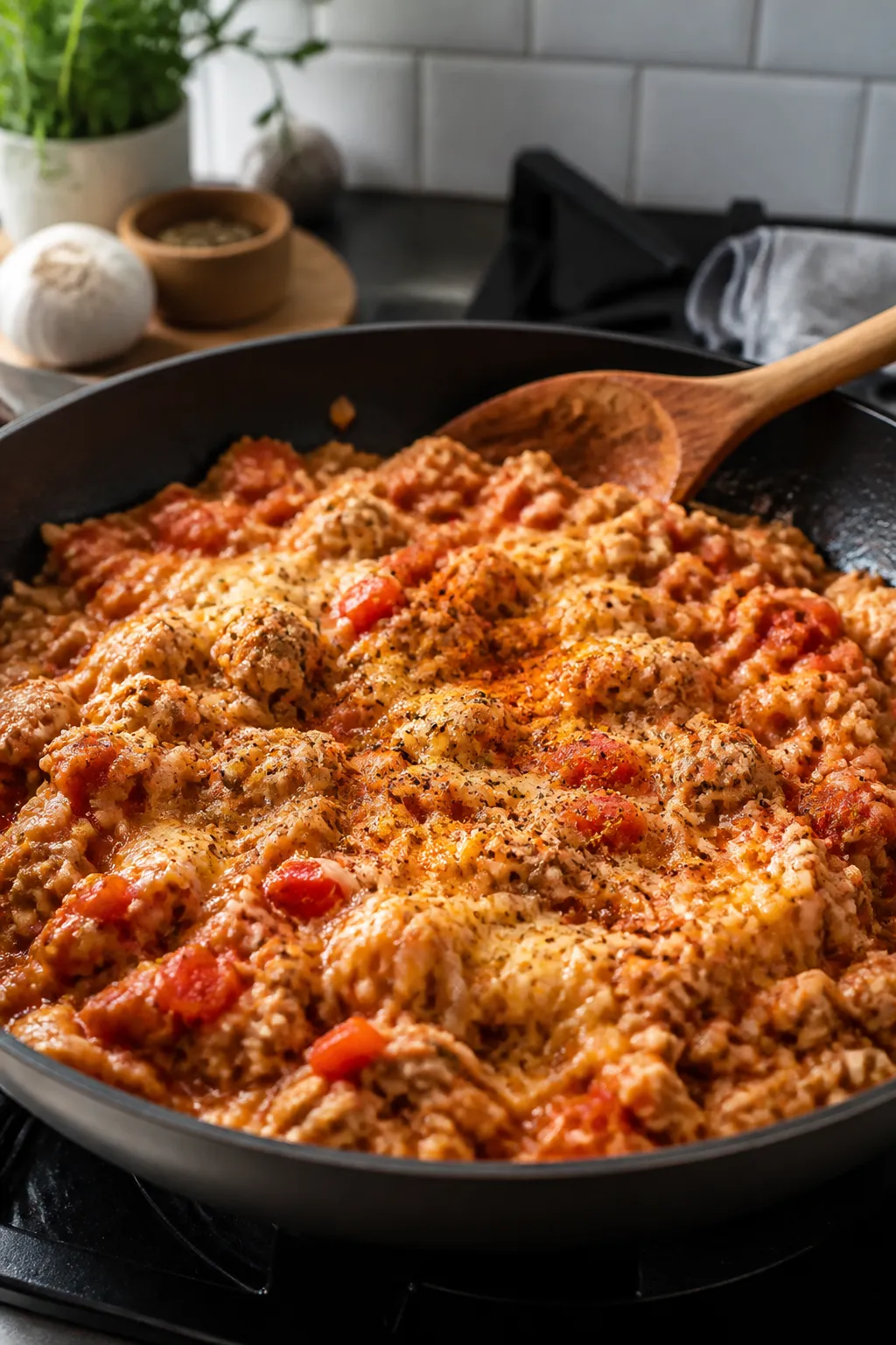Cooking process: The filling being built in a large skillet—cooked ground chicken with sautéed on