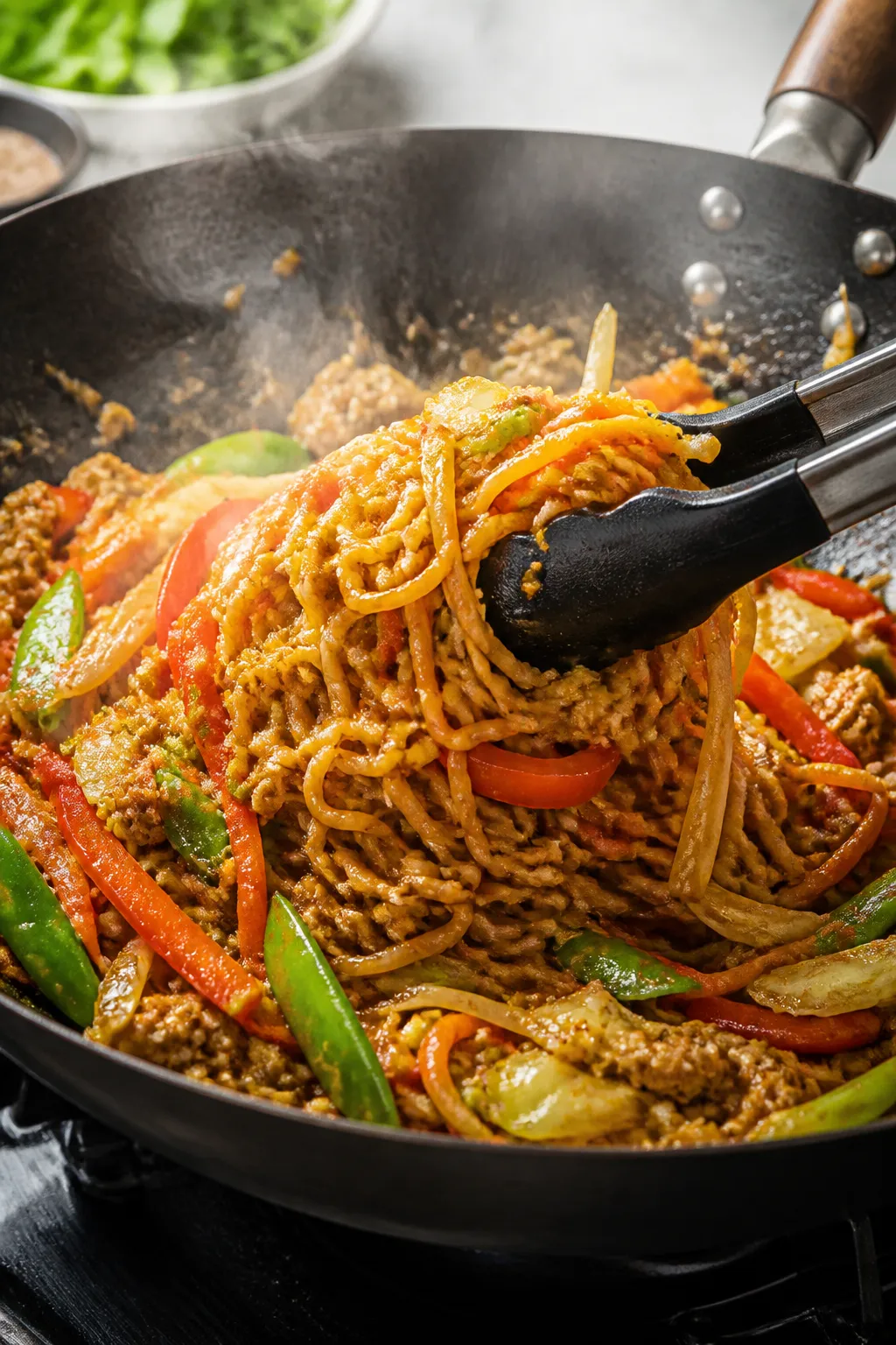 Cooking process, wok action: Ground chicken ramen stir fry sizzling in a carbon-steel wok over mediu