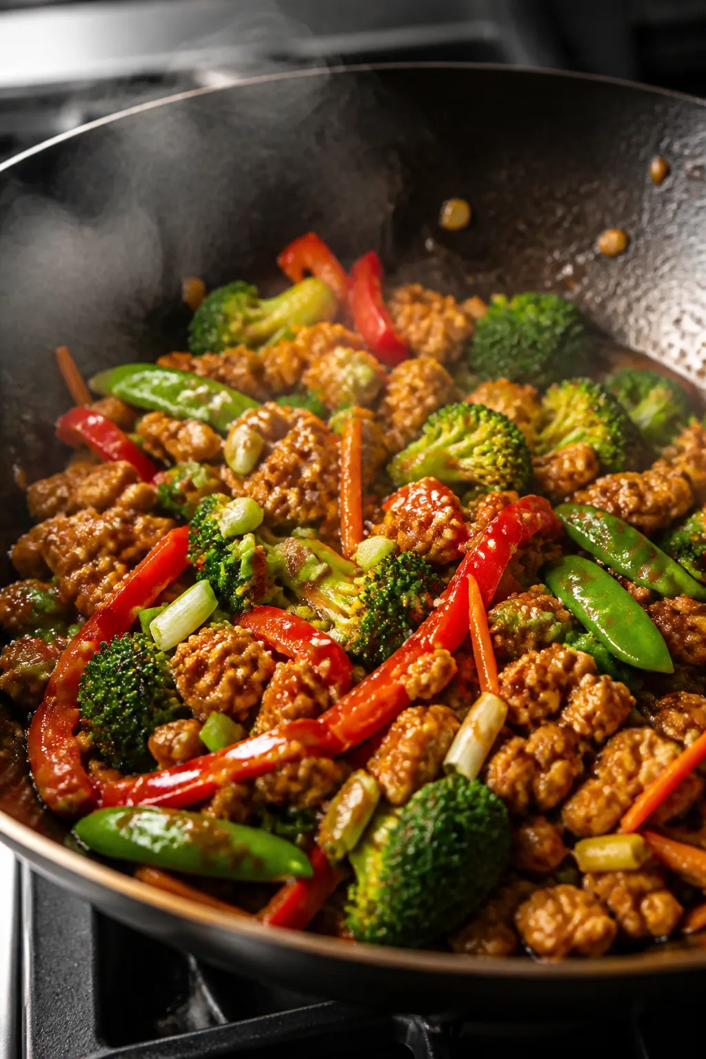 Cooking process, wok action: Ground chicken stir fry sizzling in a hot wok, chicken crumbles browned
