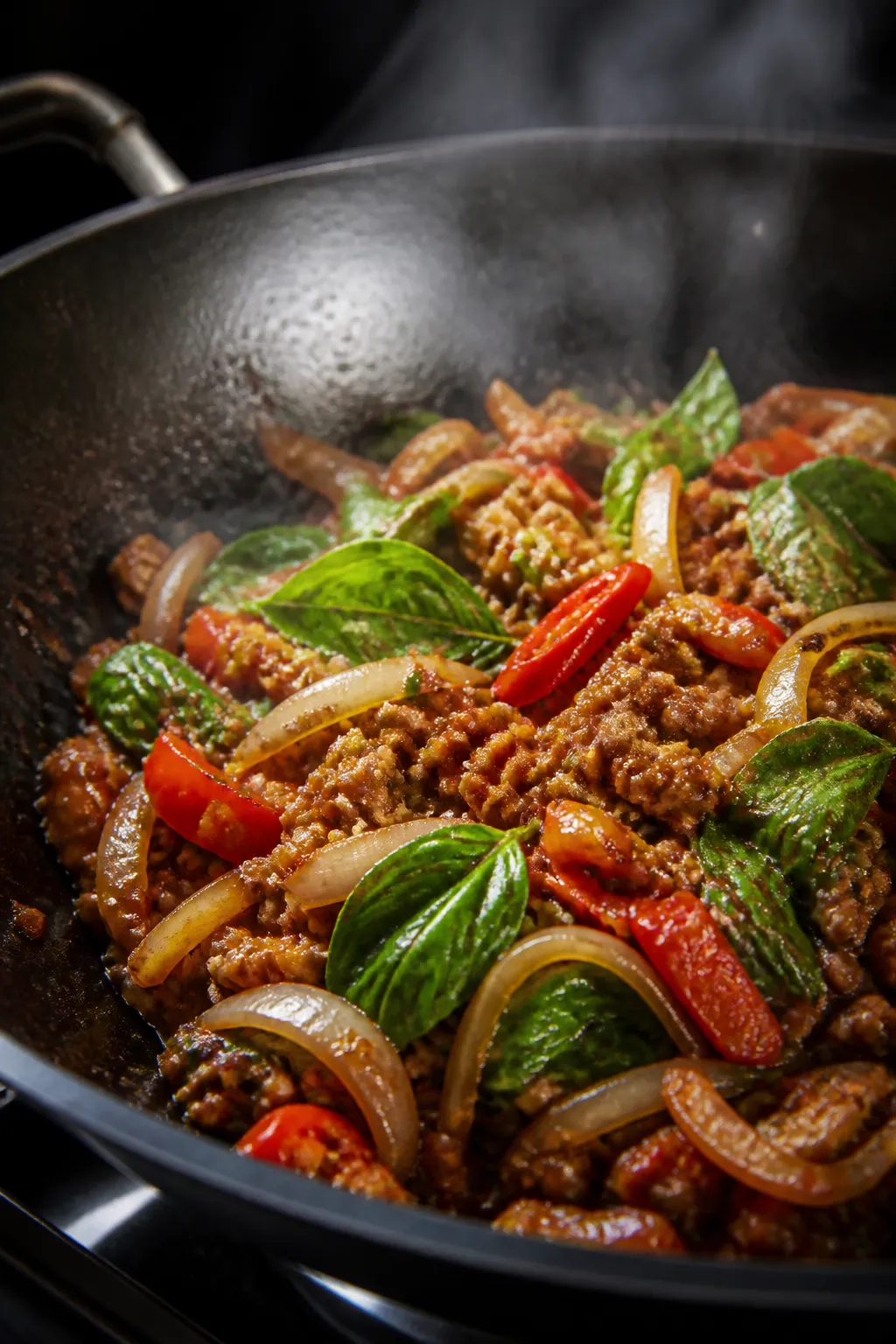 Cooking process, wok sear: Ground chicken Thai basil stir-fry sizzling in a hot wok over medium-high