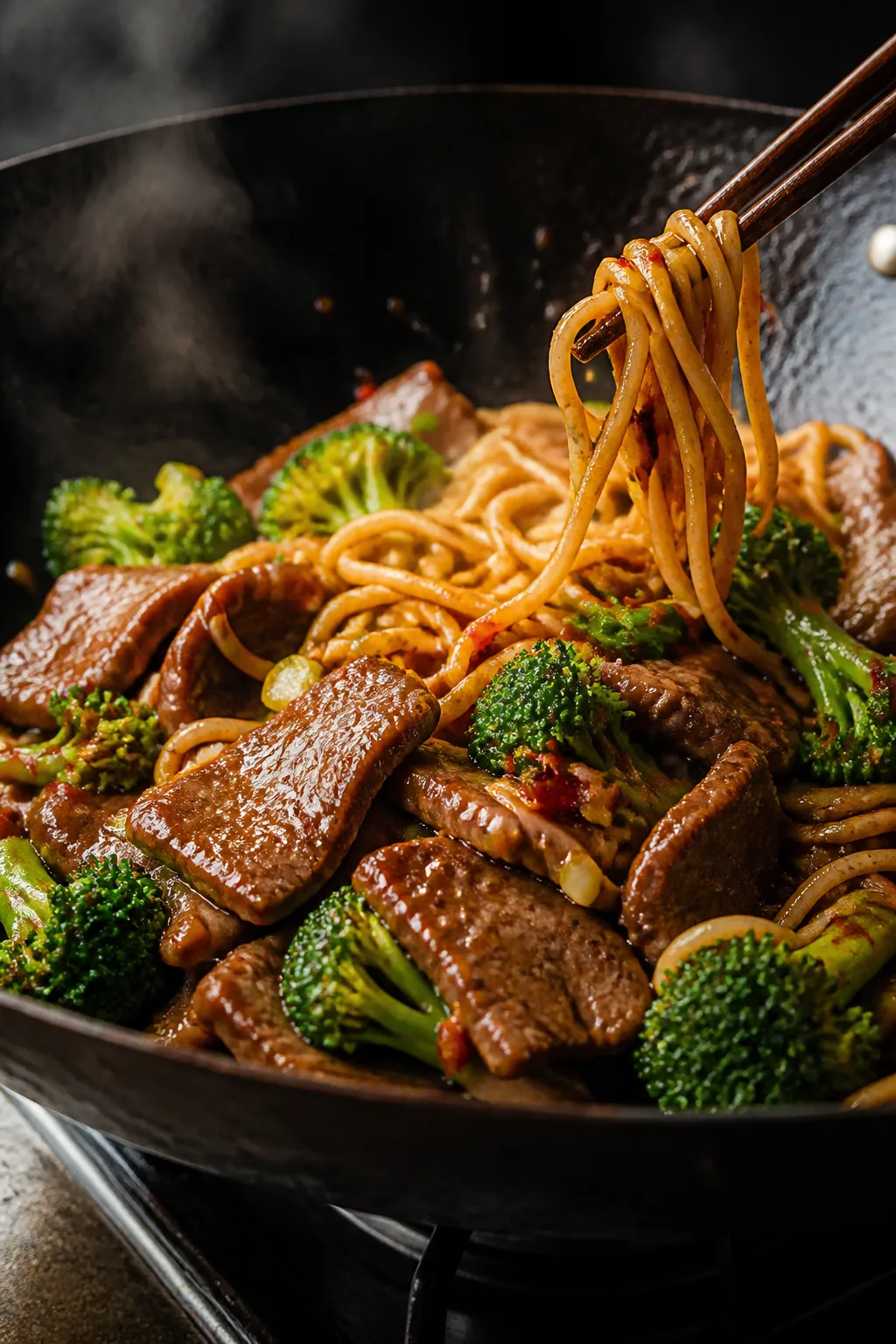 Cooking process, wok sear: Thinly sliced seared beef and bright blanched broccoli tossed with glossy
