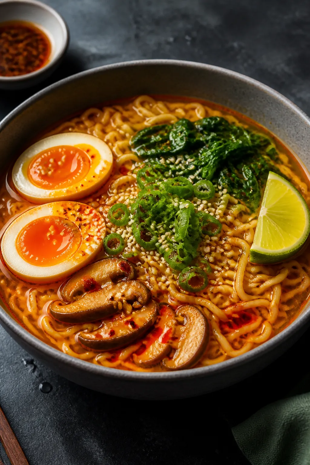 Final dish beauty shot: A restaurant-quality bowl of Spicy Chili Garlic Ramen, bouncy ramen noodles 