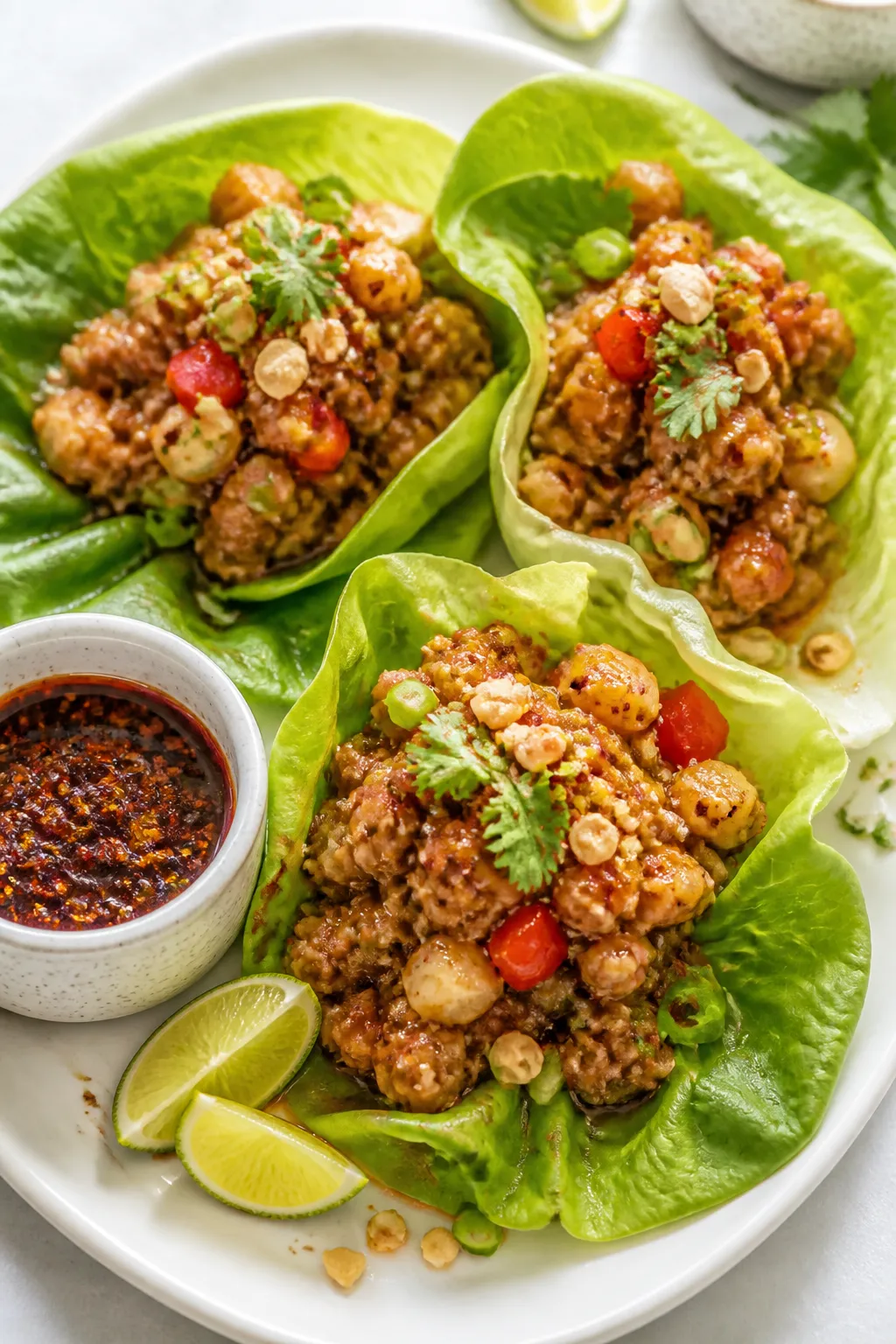Final dish beauty shot: Easy Ground Chicken Lettuce Wraps assembled on a matte white platter—Bibb 
