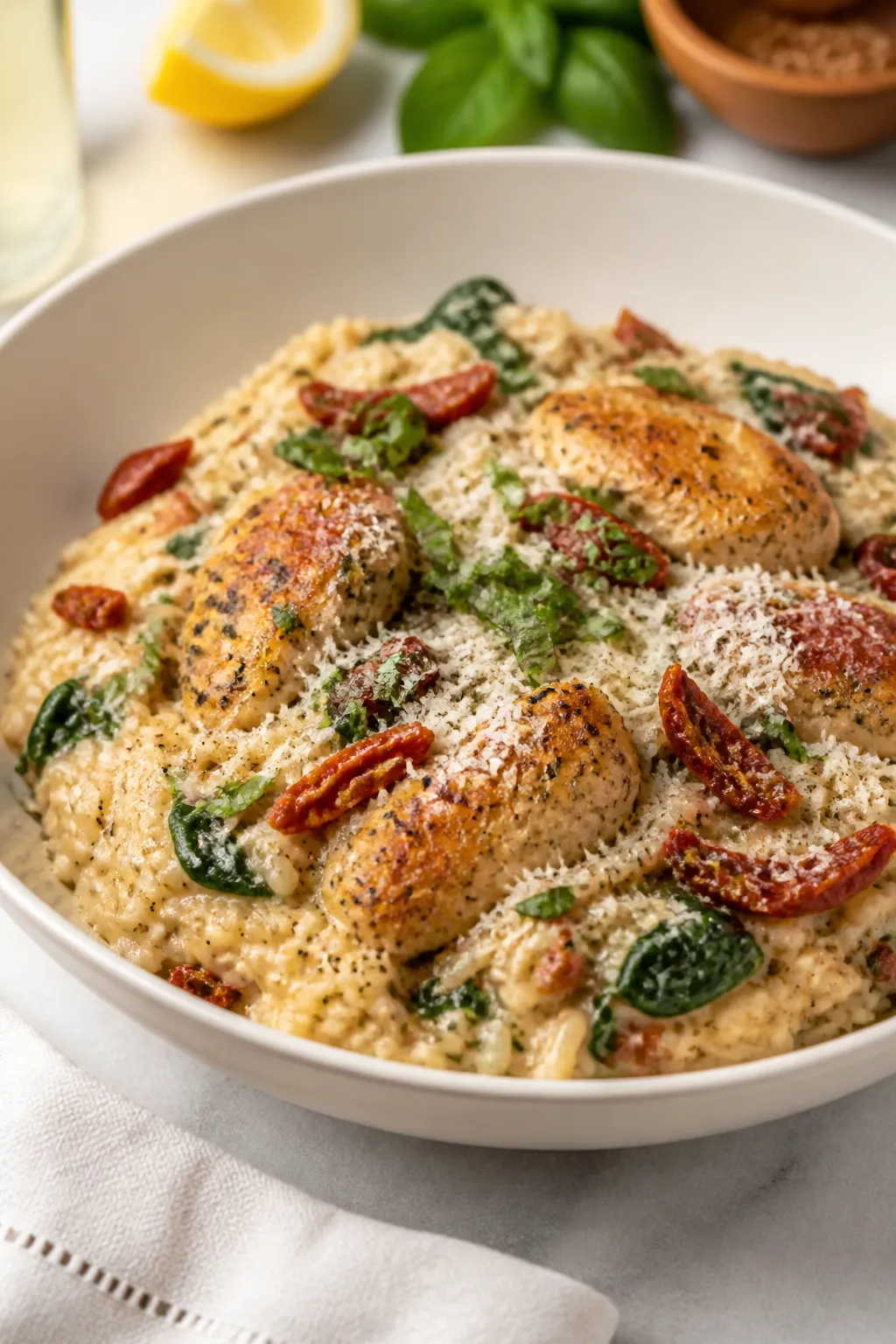 Final dish — Creamy Tuscan Chicken and Rice plated in a wide, shallow ivory bowl: tender golden-br