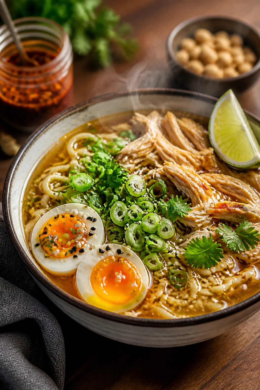 Final dish hero: Three-quarter angle beauty shot of a single ramen bowl with silky broth pooling aro