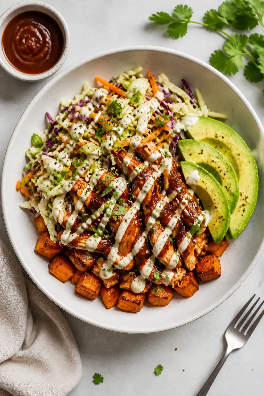 Final dish, overhead bowl: Overhead shot of a fully assembled BBQ Chicken Sweet Potato Bowl in a wid