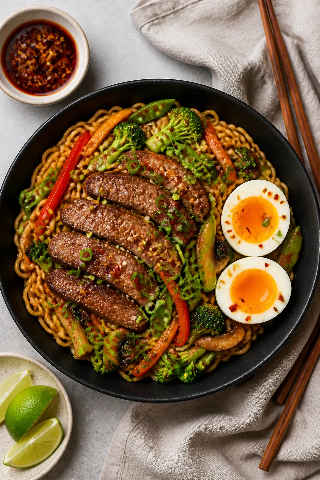 Final dish overhead: Honey Garlic Steak Ramen Bowl beautifully plated in a matte black bowl; even ta